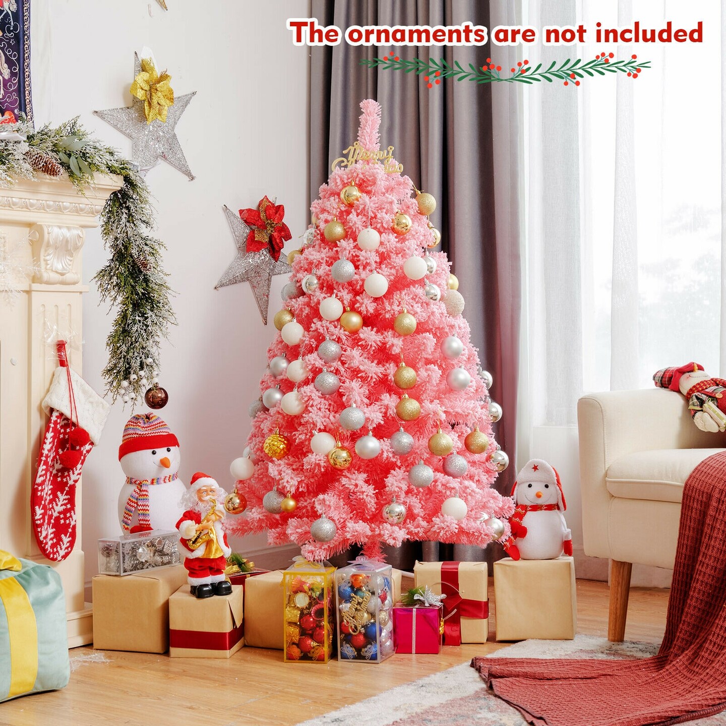 Pink Snow Flocked Christmas Tree 4.5 ft with Metal Stand and PVC Tips