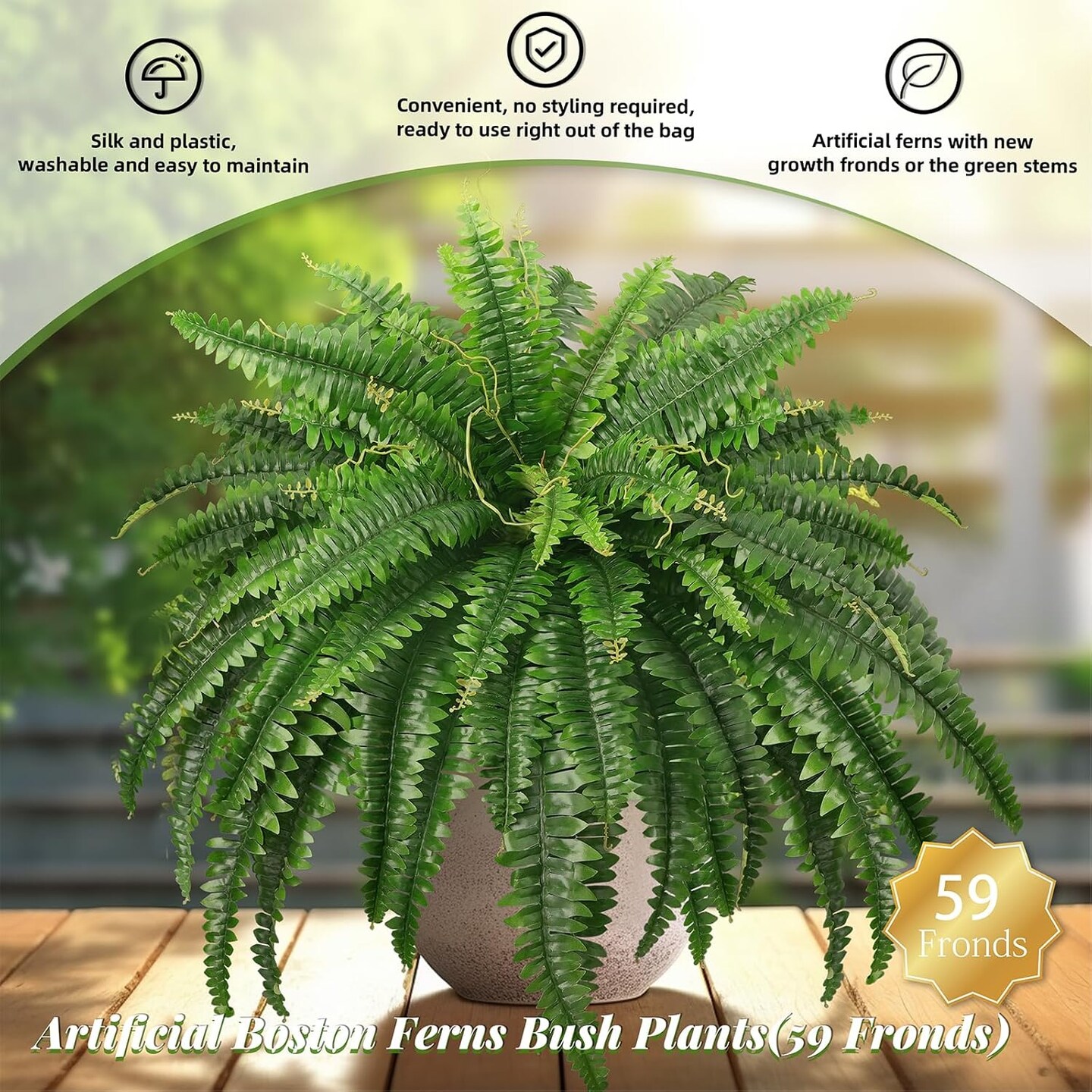 45" Fake Ferns, Realistic Large Artificial Bush Plants, 2 Artificial Boston Ferns with 59 Fronds for Outdoors