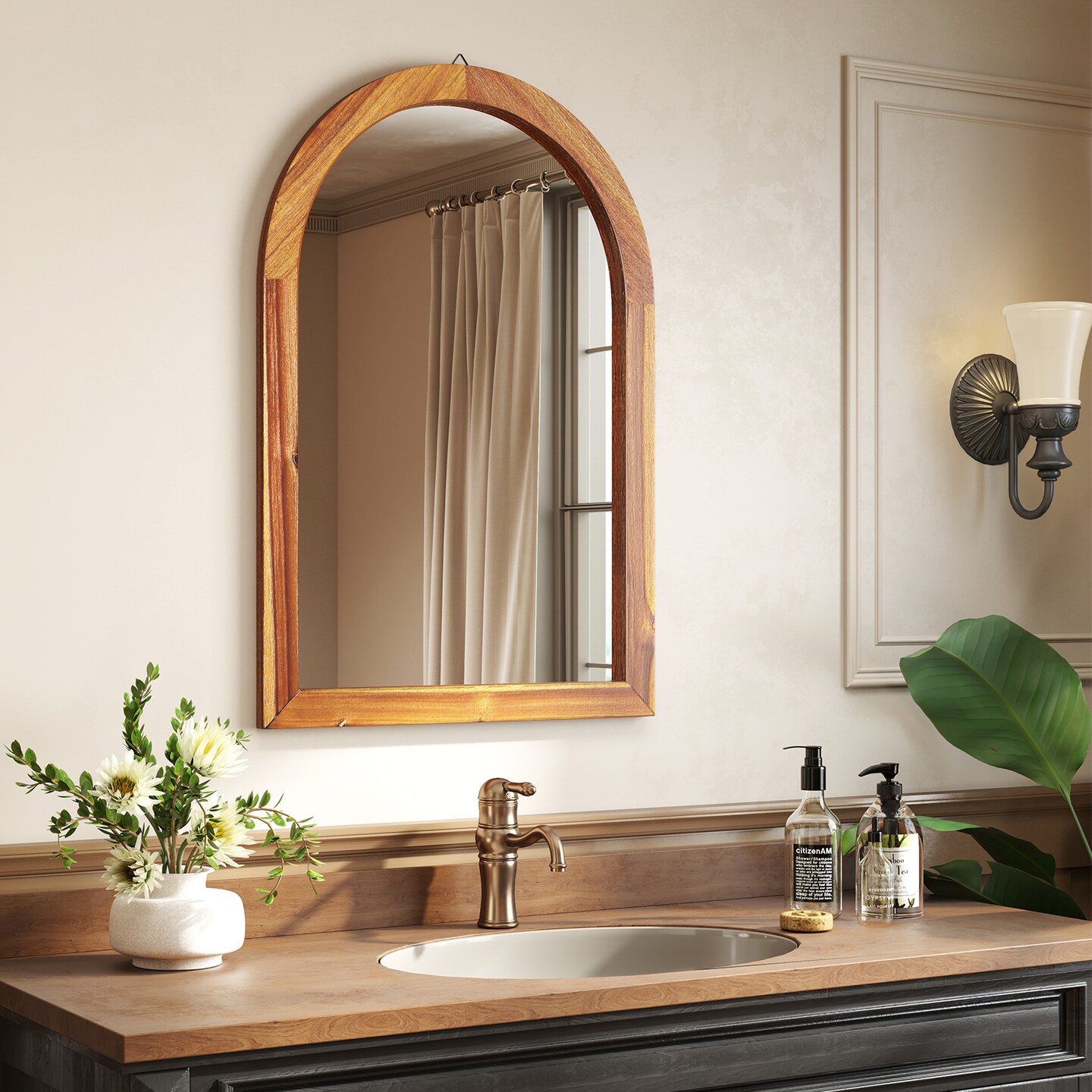 24&#x22;x35&#x22; Arched Brown Wood Wall Mirror with Shatterproof Glass for Bedroom Entryway or Bathroom