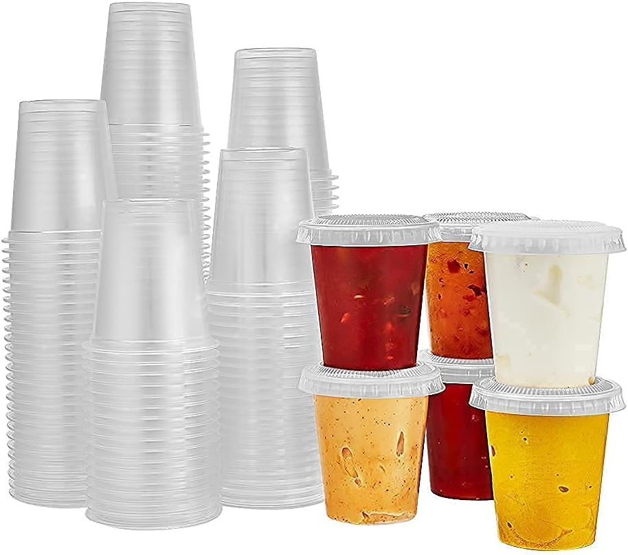 150 Sets - 2oz, Disposable Mini Plastic Shot Cups With Lids Perfect For Portion Souffle, Condiment, Dipping Sauce, Salad Dressing