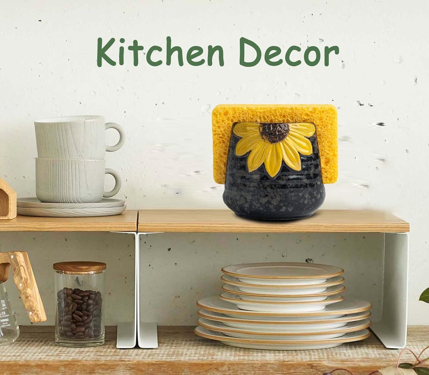 Sunflower Sponge Holder for Kitchen Sink, Yellow Ceramic Drying Rack, Kitchen Sink Organizer, Decor