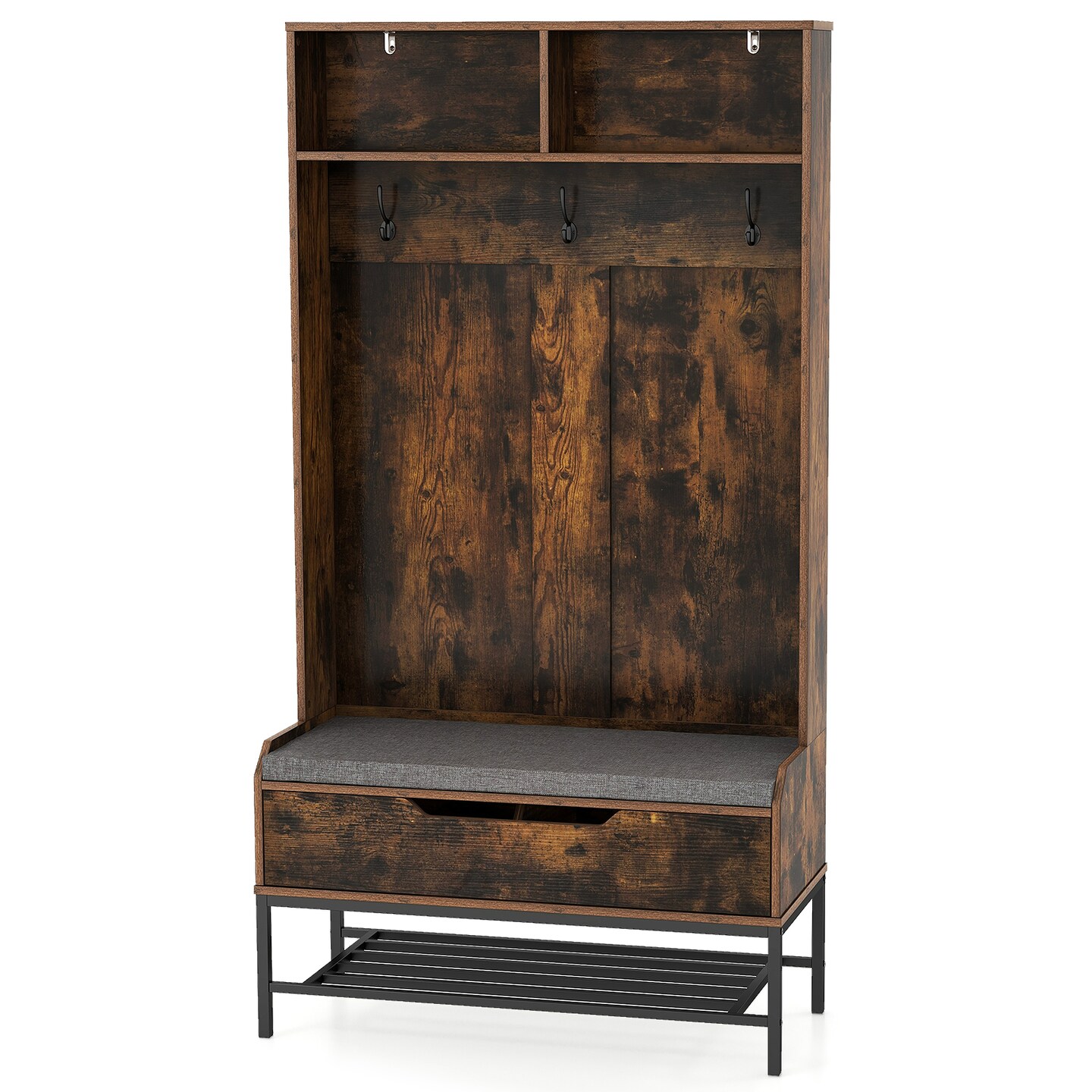 69-Inch Tall Hall Tree with Hooks, Storage Shelf, and Shoe Rack for Entryway