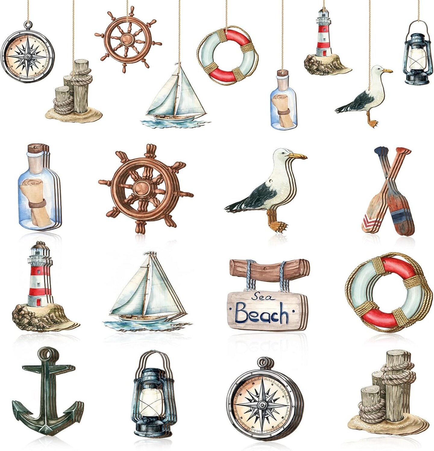 36 Pcs Summer Tree Ornaments, Ocean Beach Wooden Ornaments Marine Animals Hanging Decorations Summer Decor for Small Tree Home Party Birthday Holiday Supplies (Beach Sea)