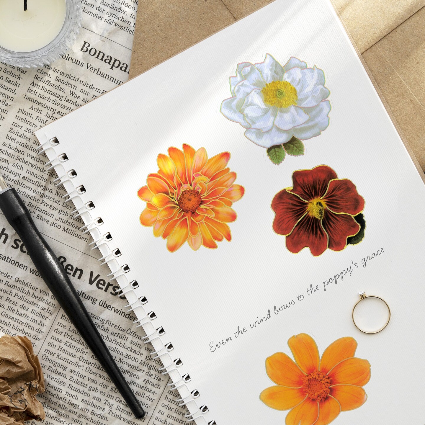 Wrapables PET Floral Stickers with Holographic Outlines for Scrapbooking, Stationery, Journaling, Diary, Card Making Water Bottles, Phones, Laptops (Set of 3), Poppies