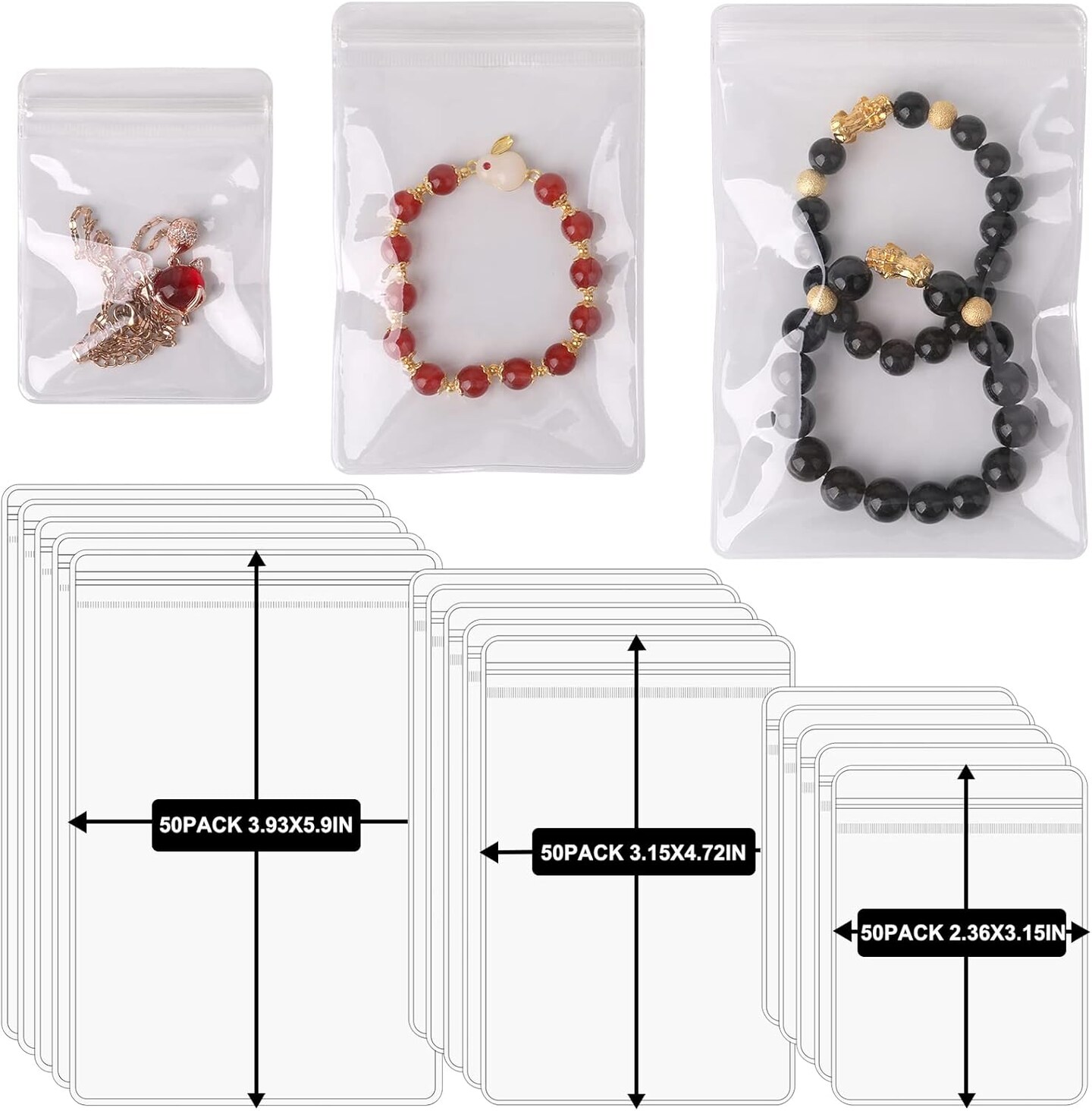 150Pack Self Seal PVC Jewelry Bags Clear Plastic Jewelry Storage Zipper Bag Anti Tarnish Jewelry Organizer Ziplock Bag for Women, 3 Sizes PVC Packing Pouch Lock Bags for Holding Jewelry Earring Ring