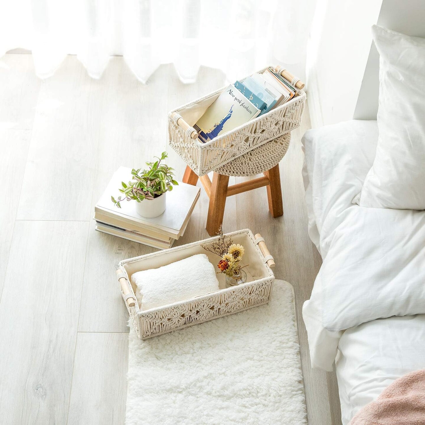 Macrame Storage Baskets Boho Decor Box Handmade Woven Decorative Countertop Toilet Tank Shelf Cabinet Organizer for Bedroom Livingroom Home, Set of 2, Ivory