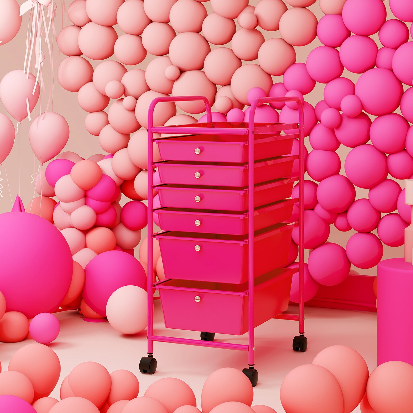 Rose Red Steel Storage Cart with 6 Drawers 4 Wheels and Plastic Bins for Bathrooms or Kitchen
