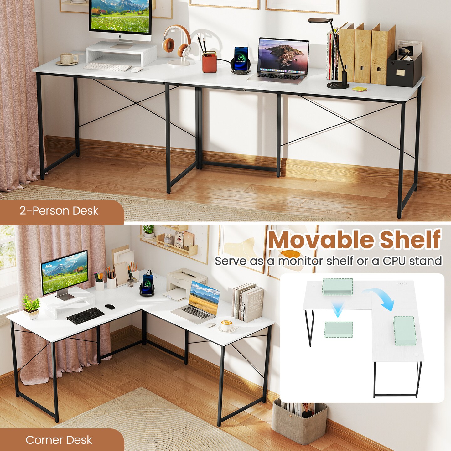 95&#x22; L-Shaped Desk for Two People with Adjustable Monitor Shelf and Cable Management