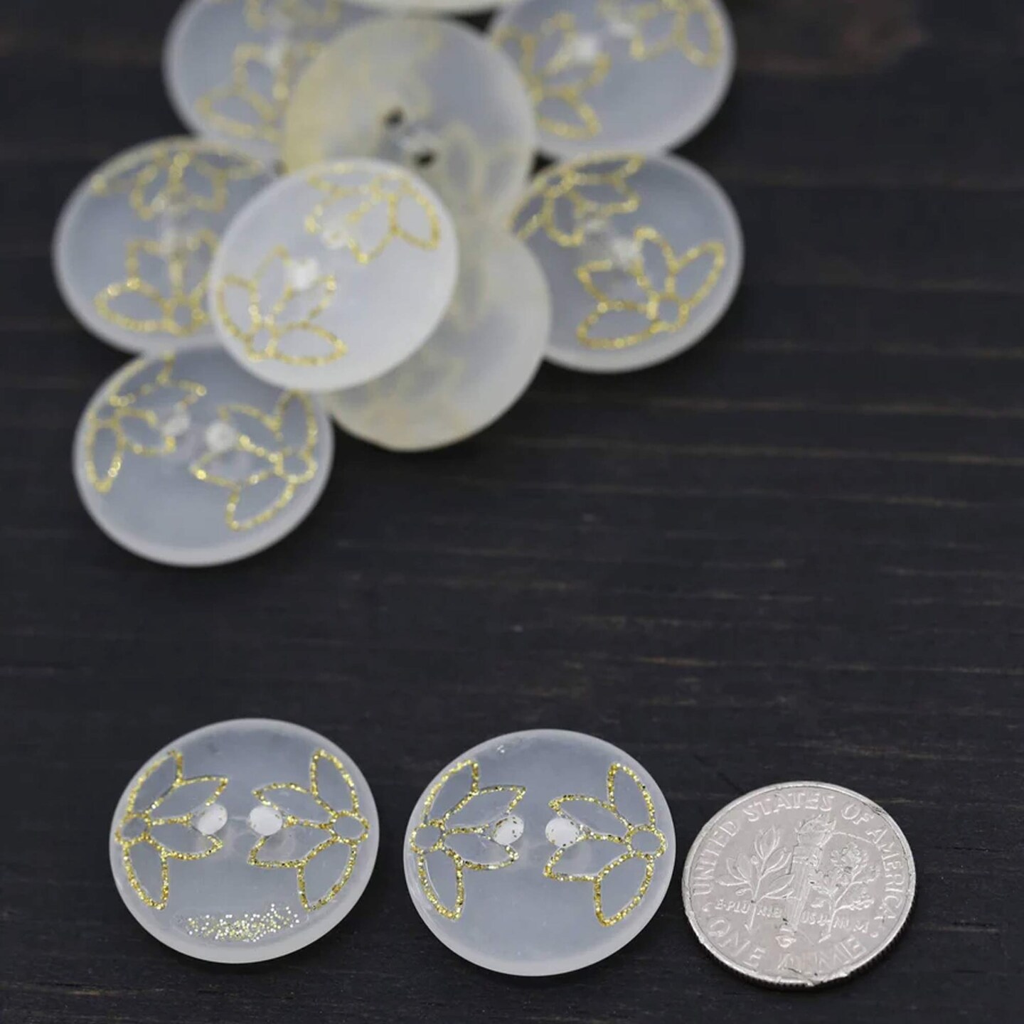 12 Pieces Clear Frosted Gold Glitter Tulip Design Buttons 13/16 Inch