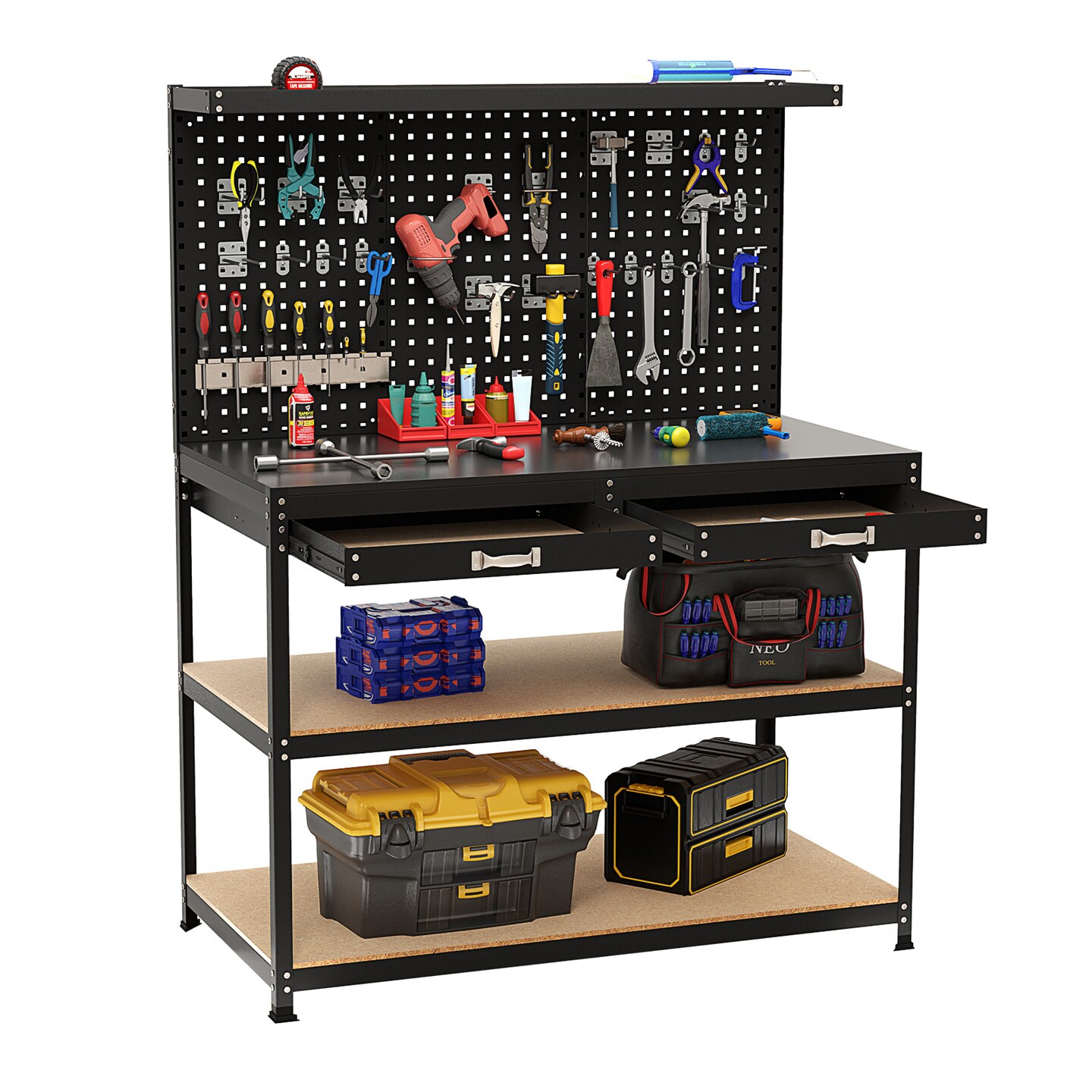 Black Metal MDF Heavy-Duty Workbench with Pegboard, Shelves, Drawers and Accessories