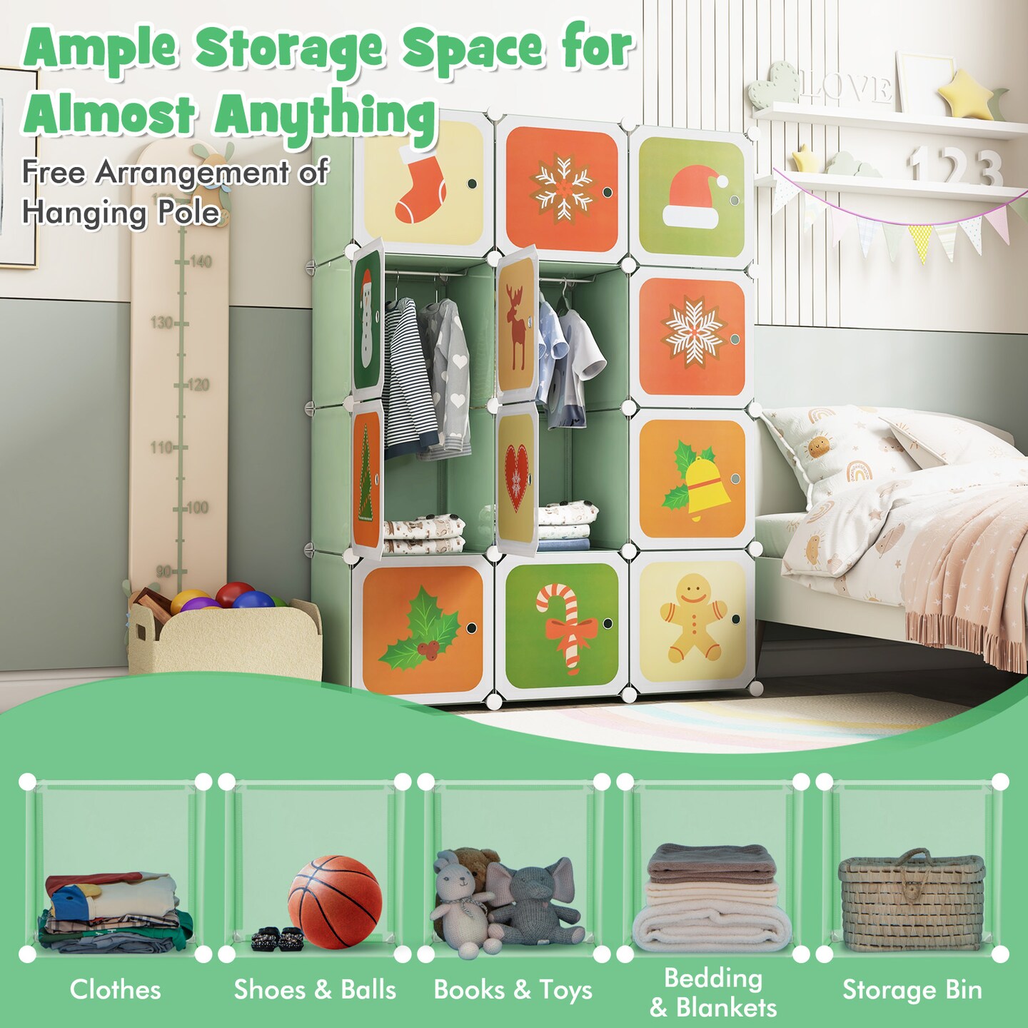 12 Cube Kids Storage Closet with Hanging Pole and Cartoon Doors