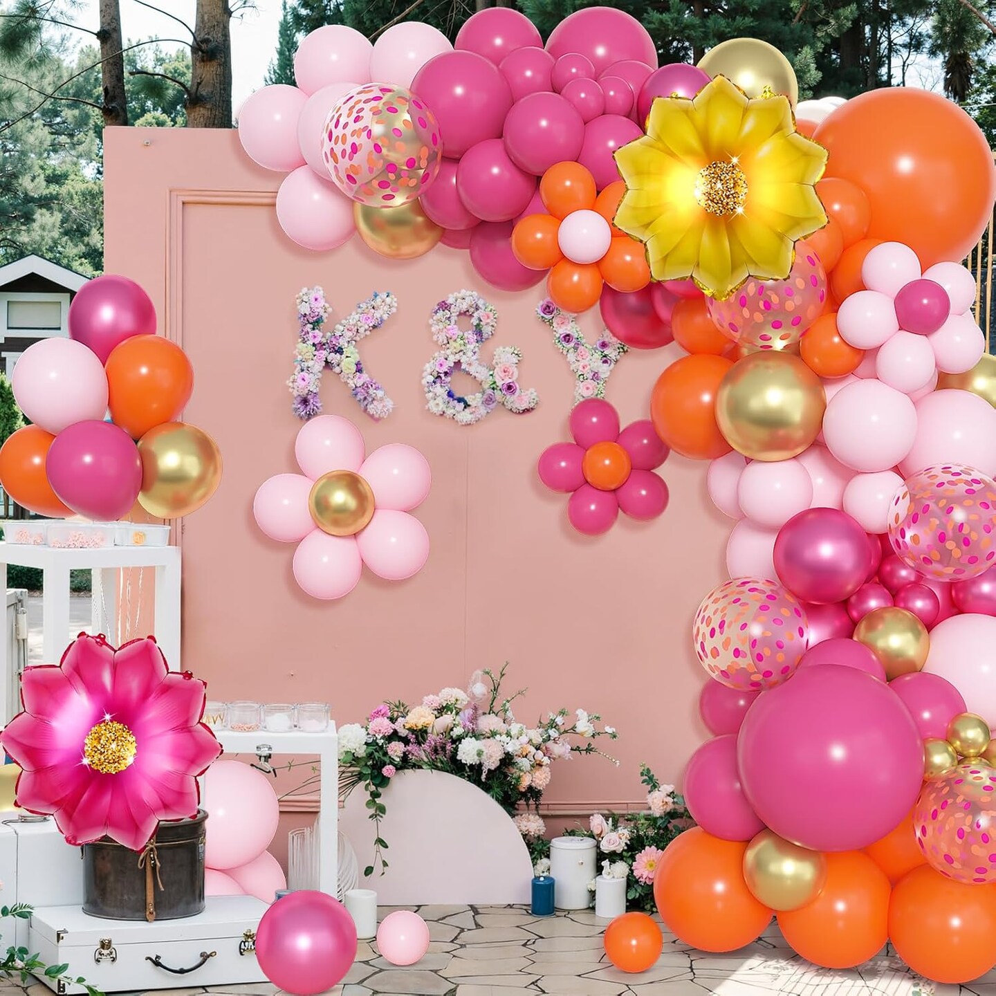 183Pcs Pink and Orange Balloons Garland Arch Kit with Hot Pink Gold Foil Flowers Balloons for Pink and Orange Party Decoration Summer Tropical Birthday Baby Shower Wedding