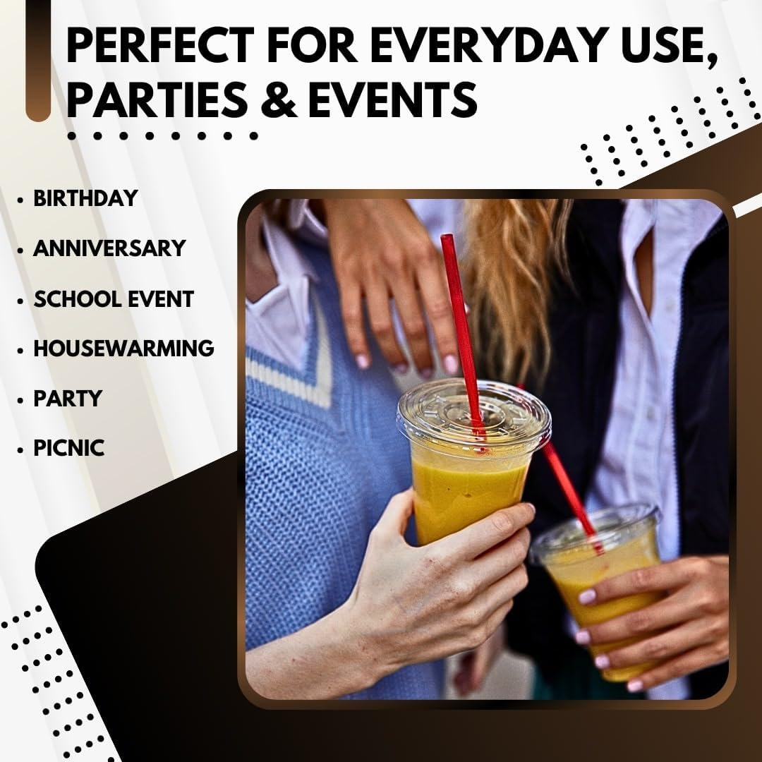 Disposable Cups With Lids | Clear Plastic Cups With Lids | Iced Coffee Cups For Bubble Boba Tea | Cup and Flat Lid For Cold Drinking &#x26; Smoothie 50 Sets