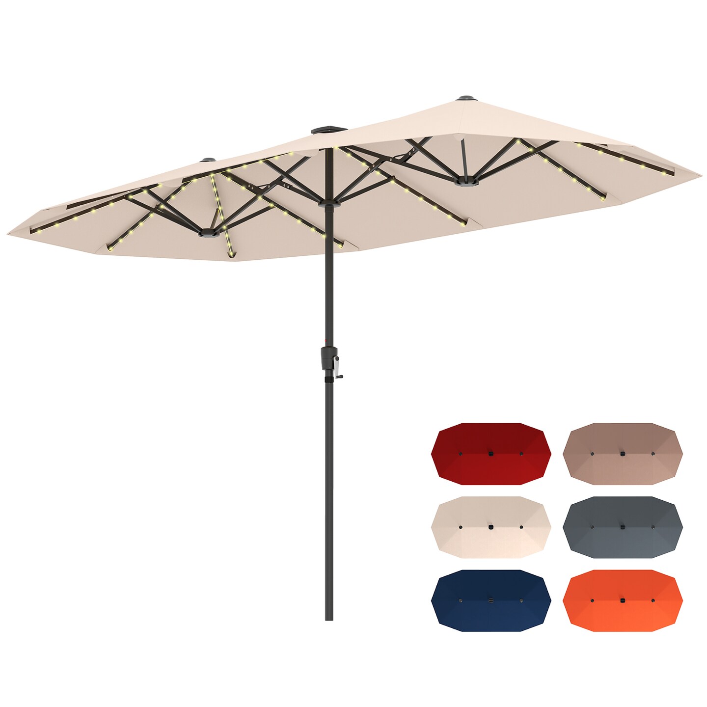 LED Patio Umbrella, Solar-Powered Double Canopy with Crank Handle