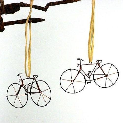 4” Set of 2 Handmade Black Wire Bicycle Ornaments Hanging Holiday Decor with Raffia Loop