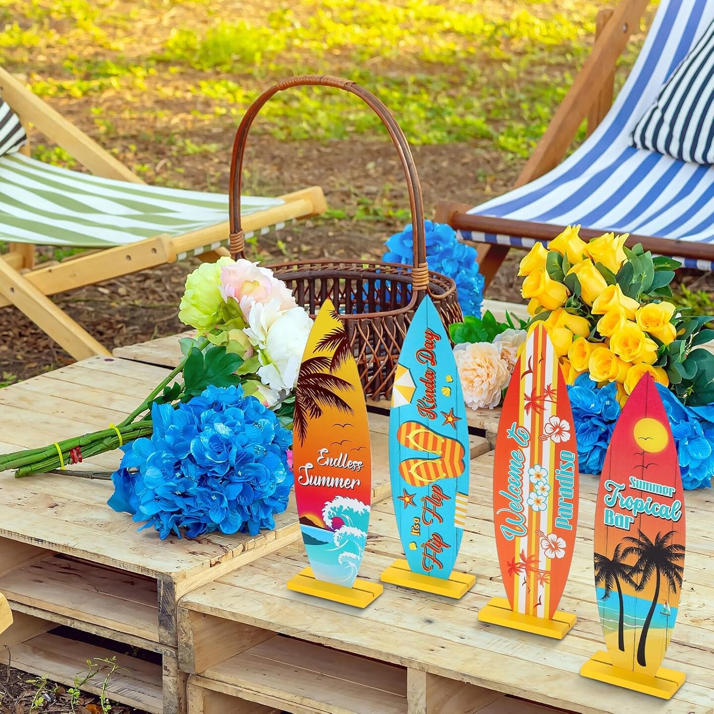 8 Pcs Surfboard Table Centerpieces - 12.6x3.66 Inch Wooden Beach Signs - "Welcome to Paradise" and "Endless Summer" Tropical Tiki Bar Table Decorations for Hawaiian Luau and Surf Theme Party Decor