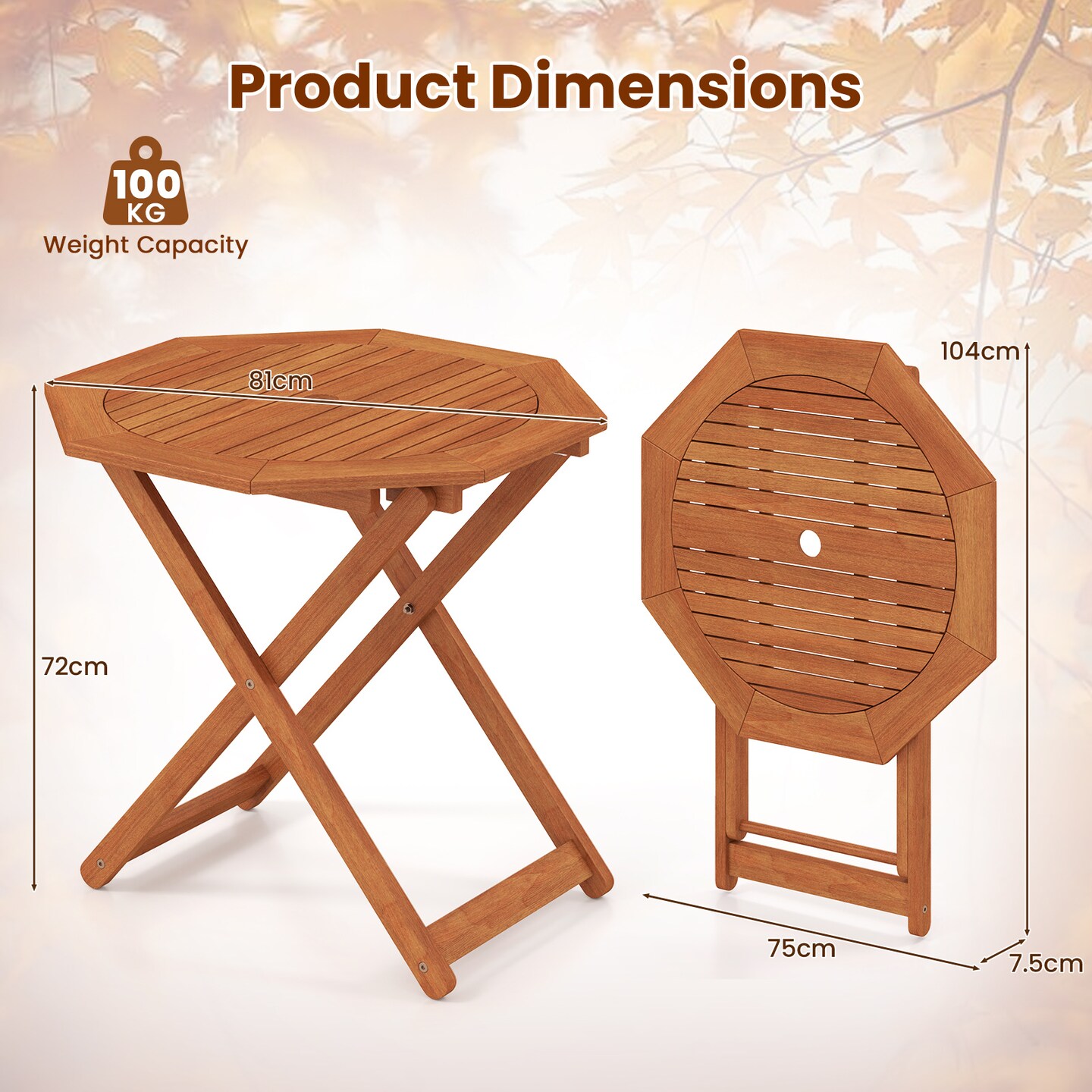 Space-Saving Solid Shorea Wood Foldable Patio Table with Umbrella Hole and Octagon Shape Seats Four People