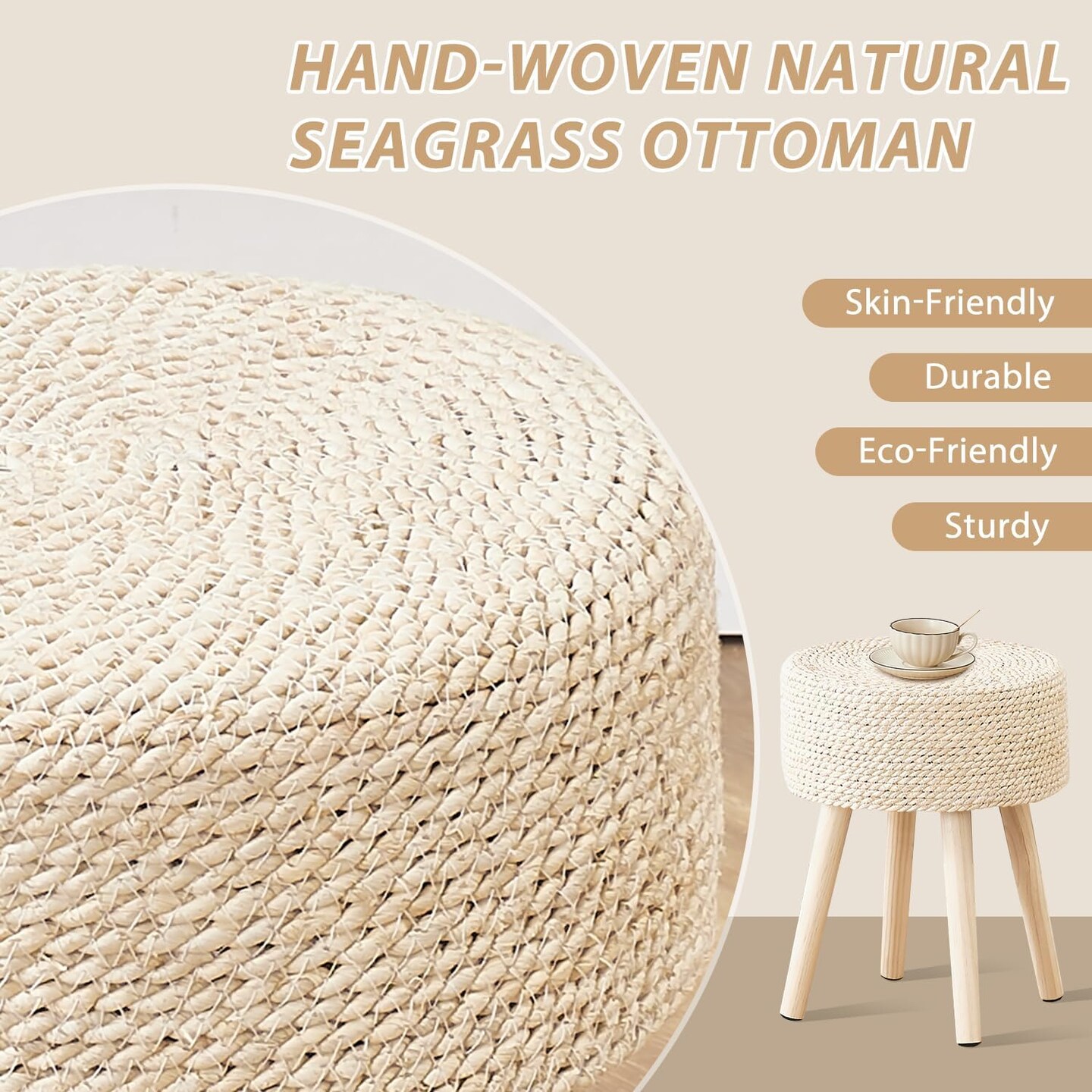 Foot Stool Pouf Ottomans with Solid Wood Legs Hand Weave Footrest Step Stool (13&#x22;D x 13&#x22;W x 16.3&#x22;H) (Natural)