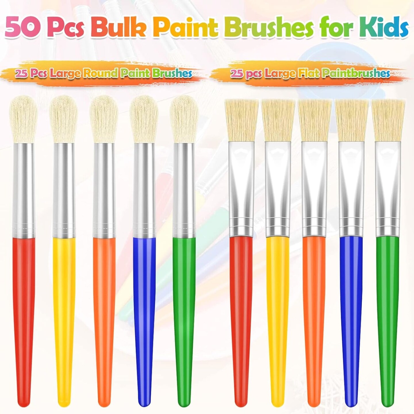 Paint Brushes, 50 Pcs Kids Paint Brushes Bulk Toddler Paint Brushes Set with Big Round Paint Brush and Large Flat Paint Brushes for Preschool Children Painting Party Supplies