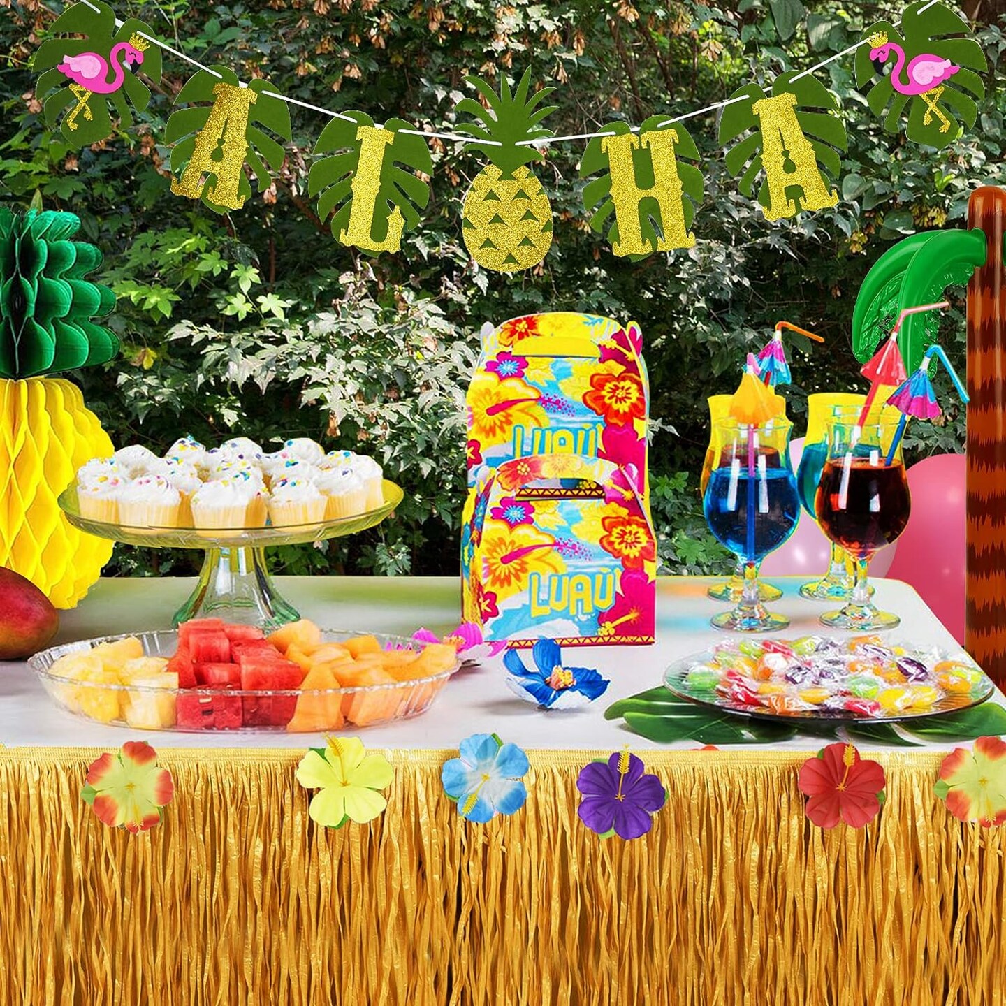 Tropical Luau Party Decoration Pack Hawaiian Beach Theme Party Favors Luau Party Supplies (112 PCS) including Banner, Table Skirt, Straws, Flamingo, Pineapple Décors.