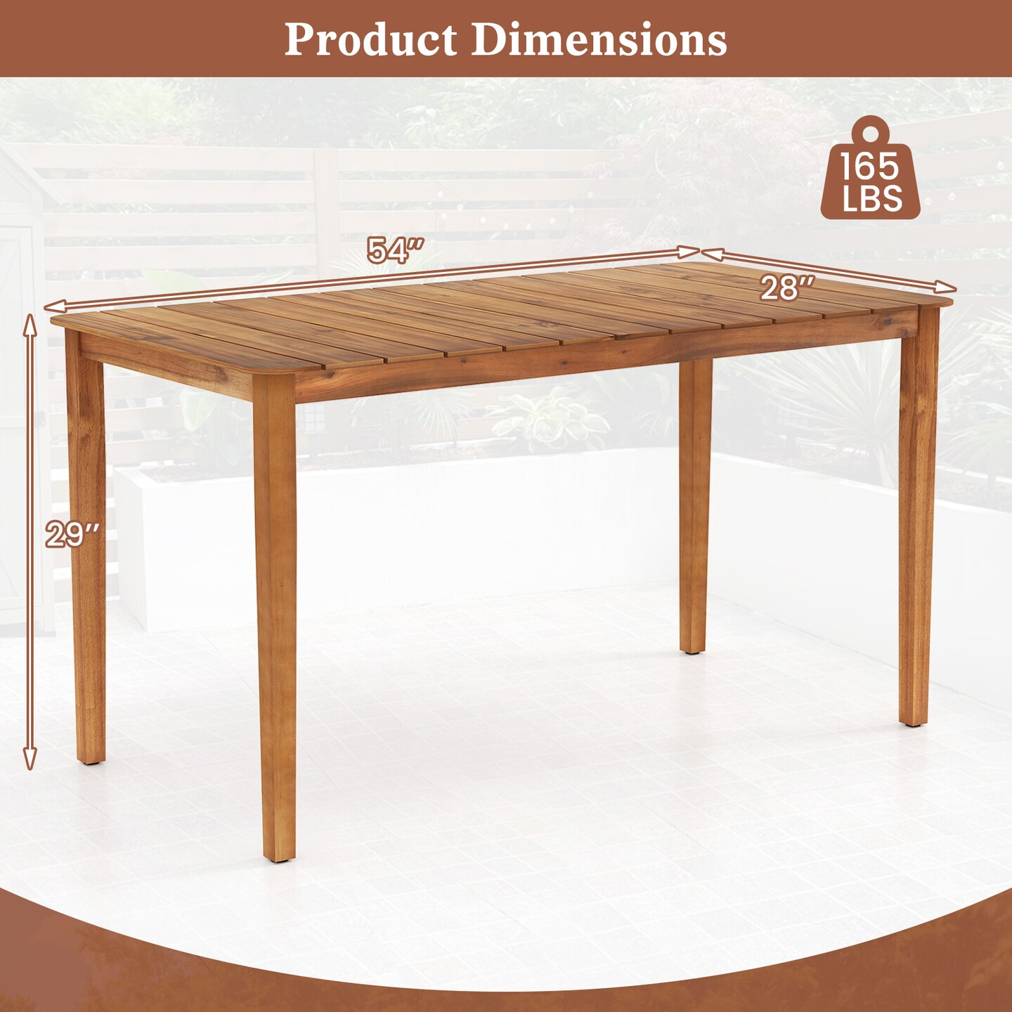 Outdoor Dining Table for 6 Natural Acacia Wood Patio Table with Slatted Top and Adjustable Feet