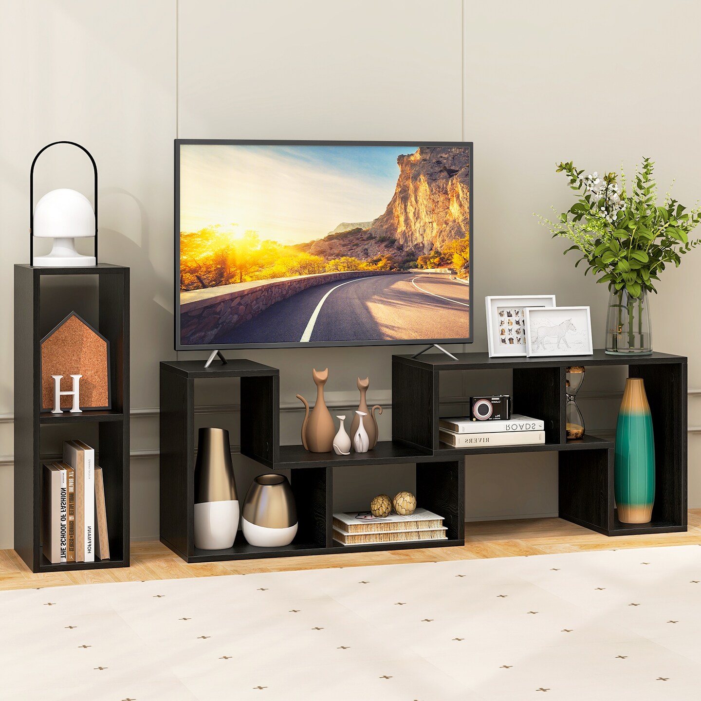 3 Pieces Black Engineered Wood TV Stand with Adjustable Shelves Open Storage for Living Room or Bedroom
