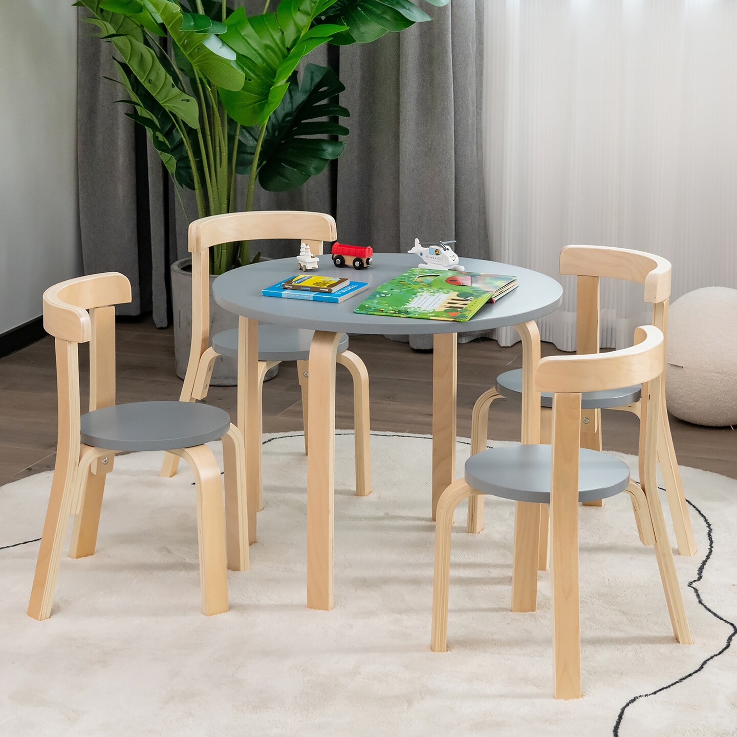 5 Piece Wooden Kids Activity Table and Chairs with Storage Friendly Design