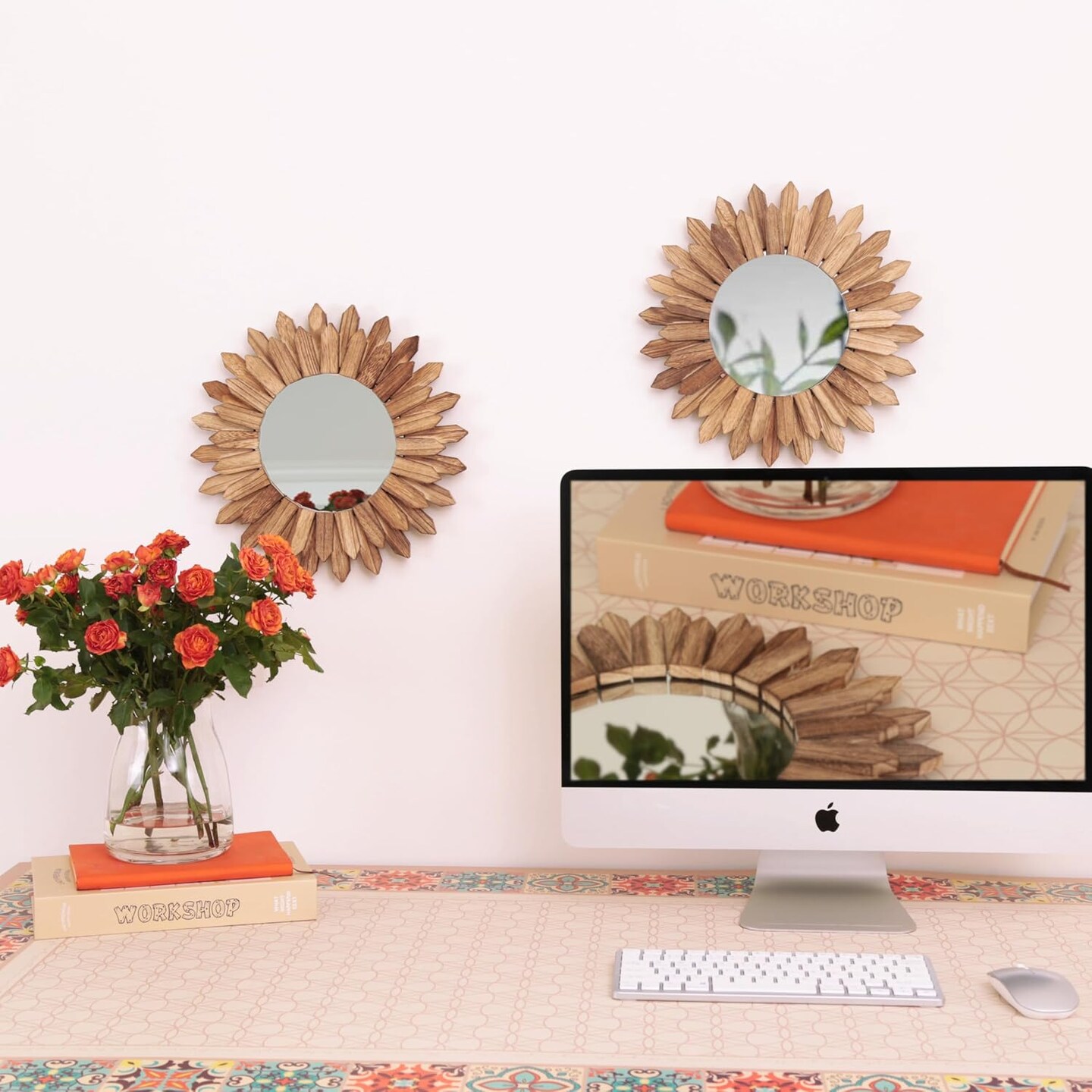2 Pack Boho Wall Decor Sunburst Mirror, Rustic Round Wood, 12 inch
