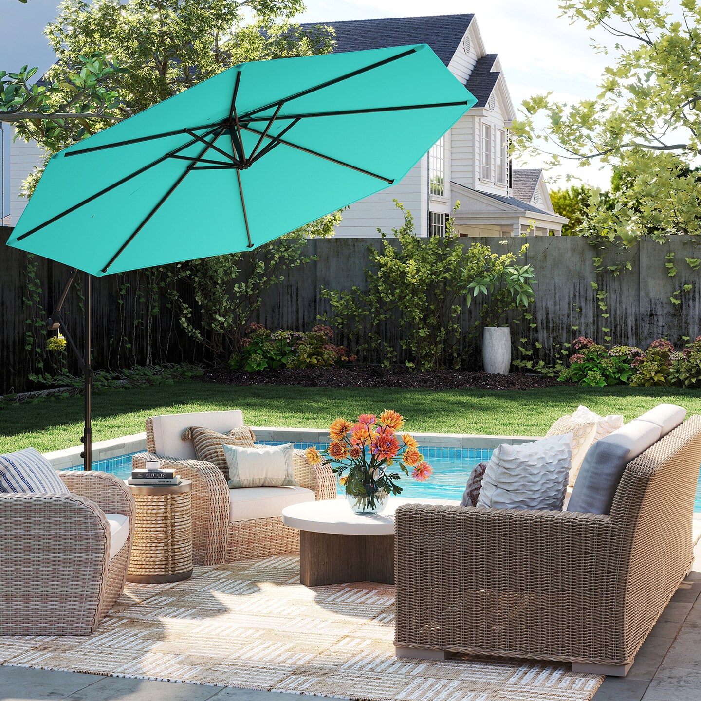 10 Feet Turquoise Polyester Patio Canopy Umbrella with Powder-Coated Iron Frame Tilt and Crank