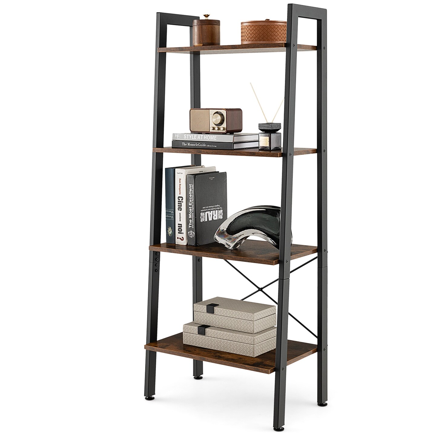 4-Tier Ladder Bookshelf with Metal Frame Modern Industrial Storage Rack for Small Spaces