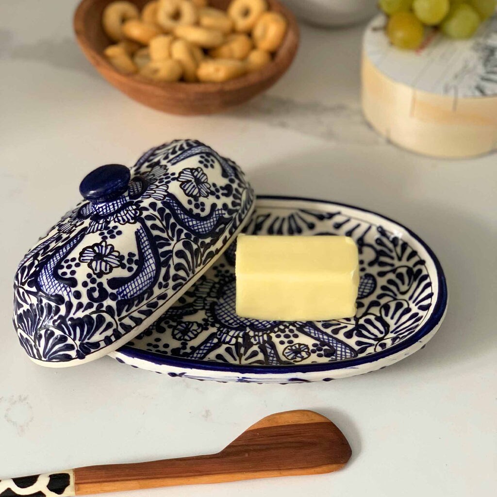 Blue Floral Butter Dish Ceramic Handmade Kitchen Table Stoneware Lid