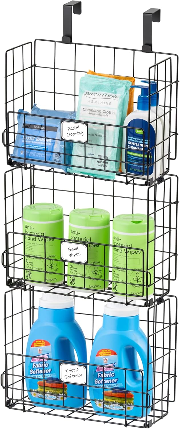 IRIS USA Over The Door Organizer, 3 Pack, Hanging or Wall Mounted Metal Wire Basket, Durable Easy Assembly, Black