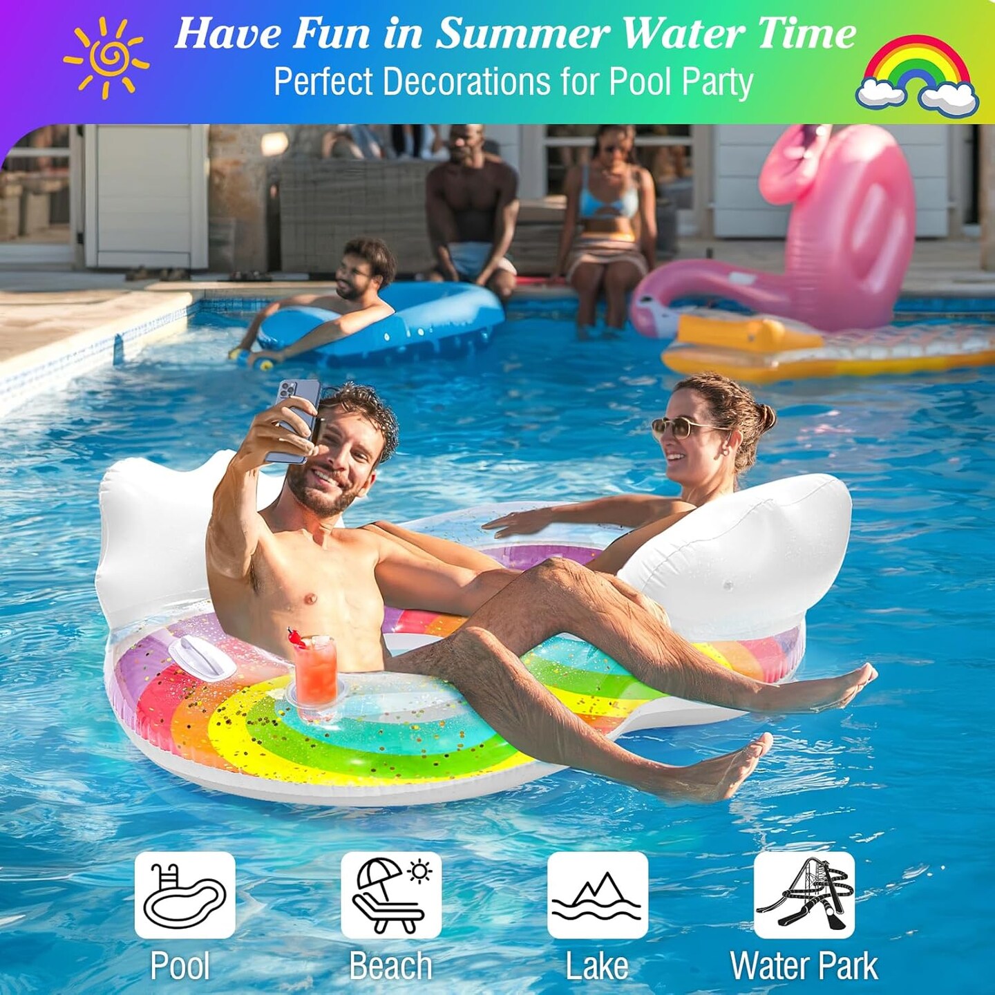 Pool Floats Adult, Inflatable Chairs, Pool Floaties, Inflatable Pool Toys with Cup Holders for Beach Party Water Park