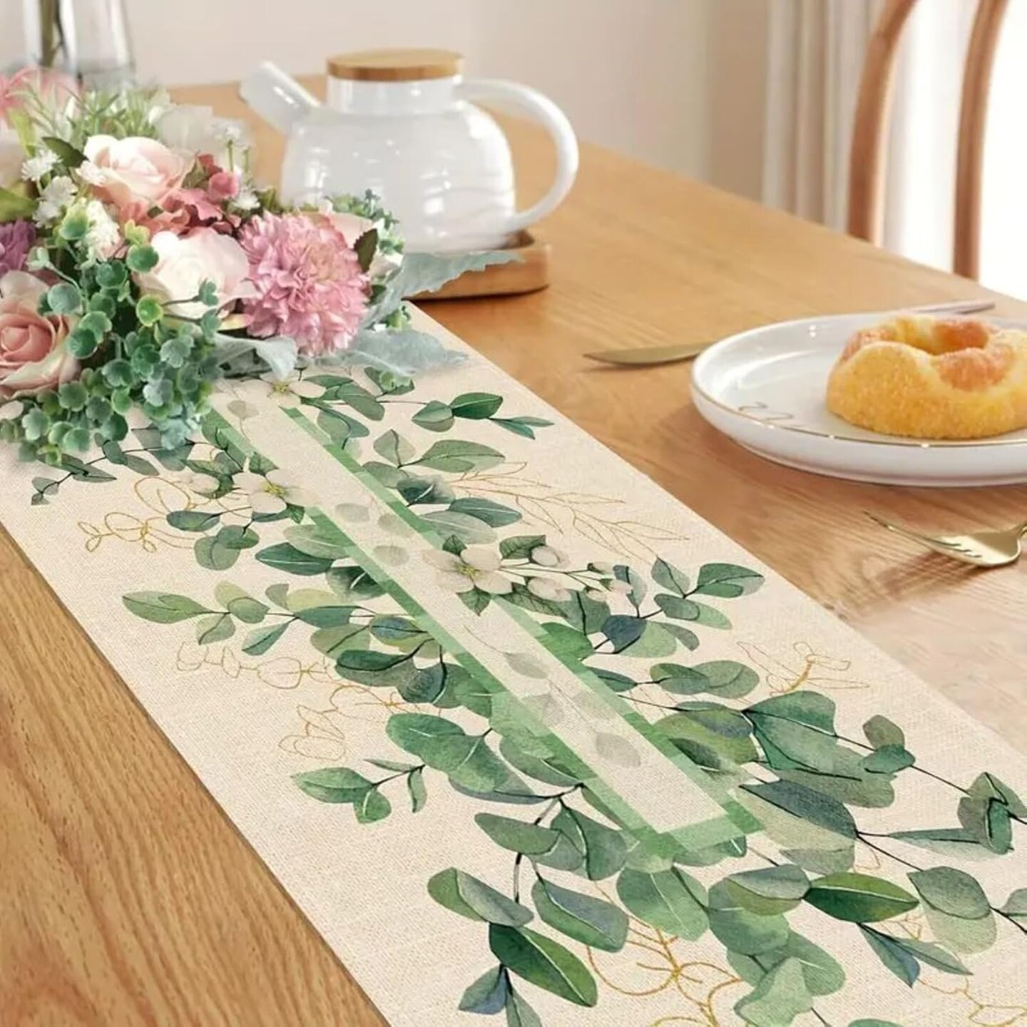 Buffalo Plaid Eucalyptus Leaves Table Runner 13x72 Inch Seasonal Spring Summer Green Plants Kitchen Dinning Table Decoration