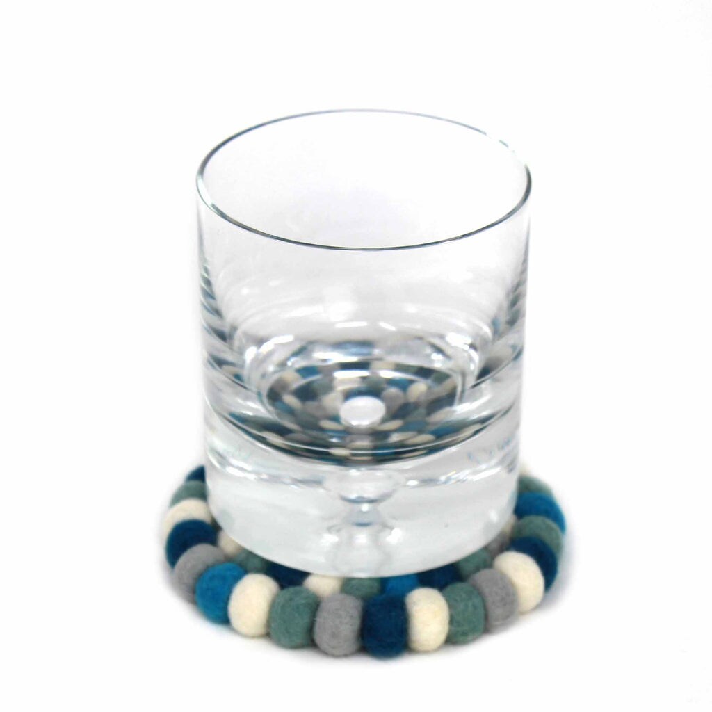 Ice Blue Felt Ball Coasters Set of 4 Handmade Wool Drink Mats Round