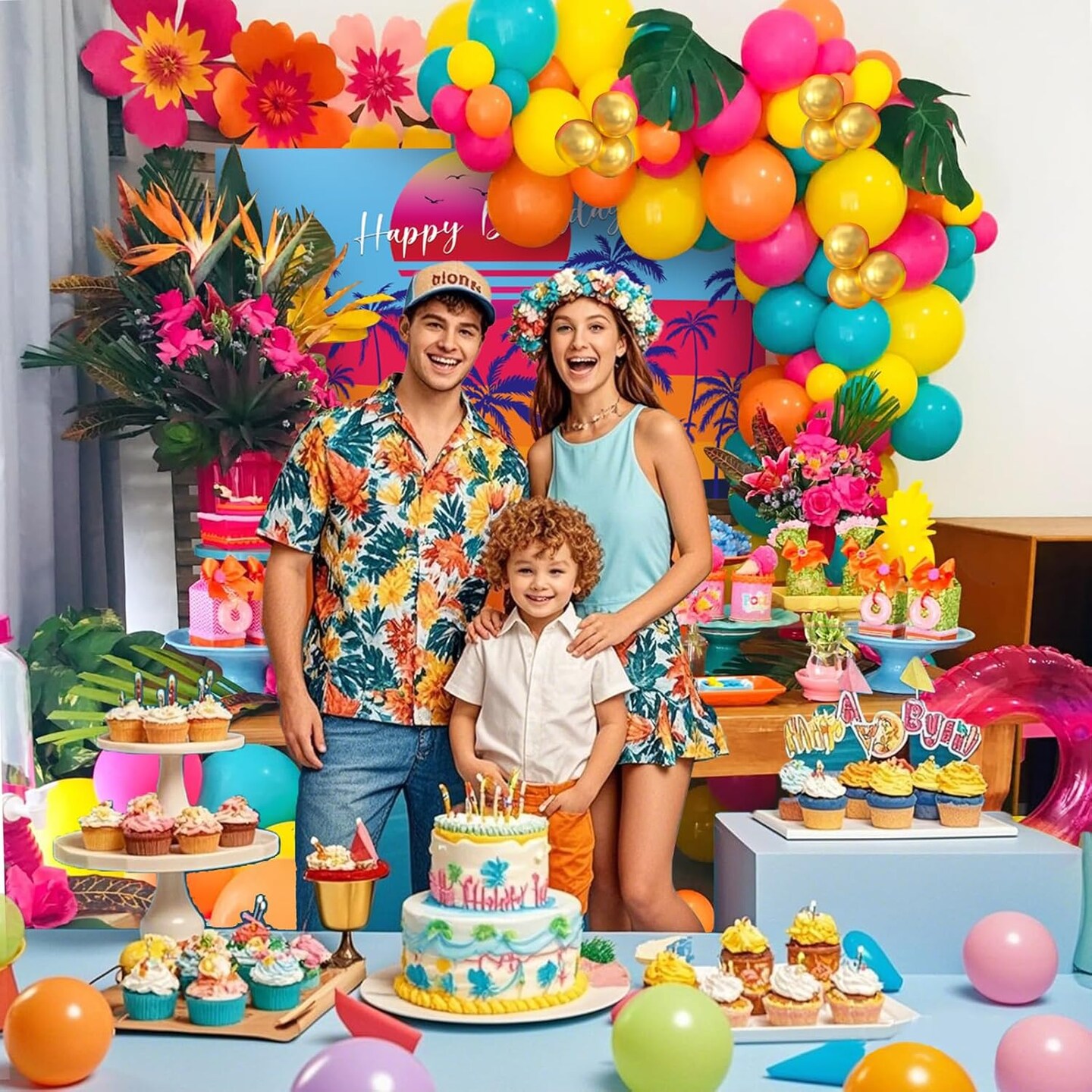 Hawaiian Tropical Party Decorations Summer Birthday Decor Supplies with Beach Island Palm Backdrop, Balloons Garland Arch Kit, Luau Tiki Tropical Happy Birthday Party Decorations (Dark)
