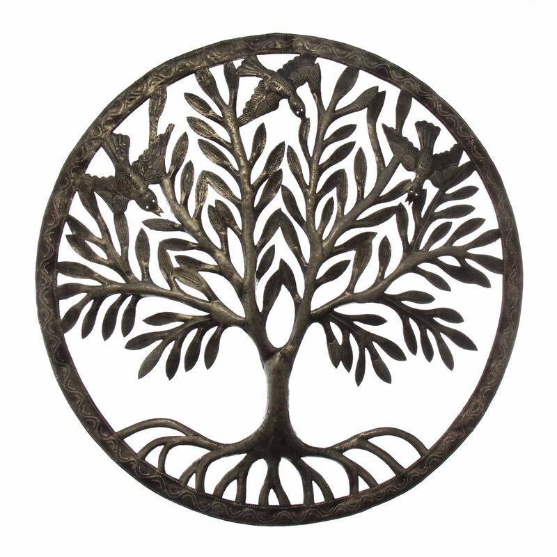 Grey Upcycled Steel Painted Tree of Life in Ring Metal Wall Art 24 inches