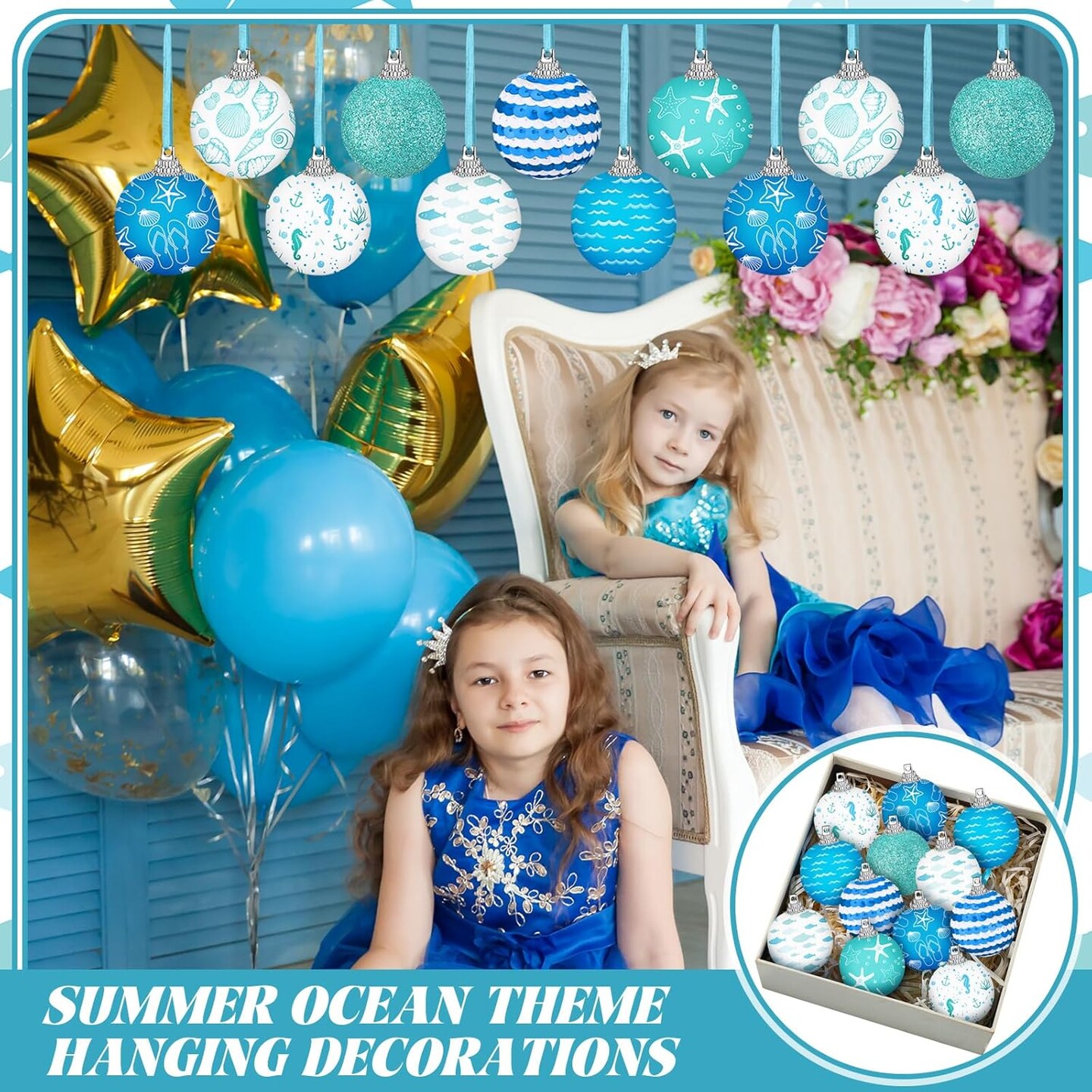16 Pcs Summer Ornaments for Tree, 1.57 inch Beach Ocean Decorations Coastal Starfish Seashells Wave Hanging Ball Decor Blue Shiny Summer Ball Ornaments for Holiday Party Favor Decorative (Ocean)