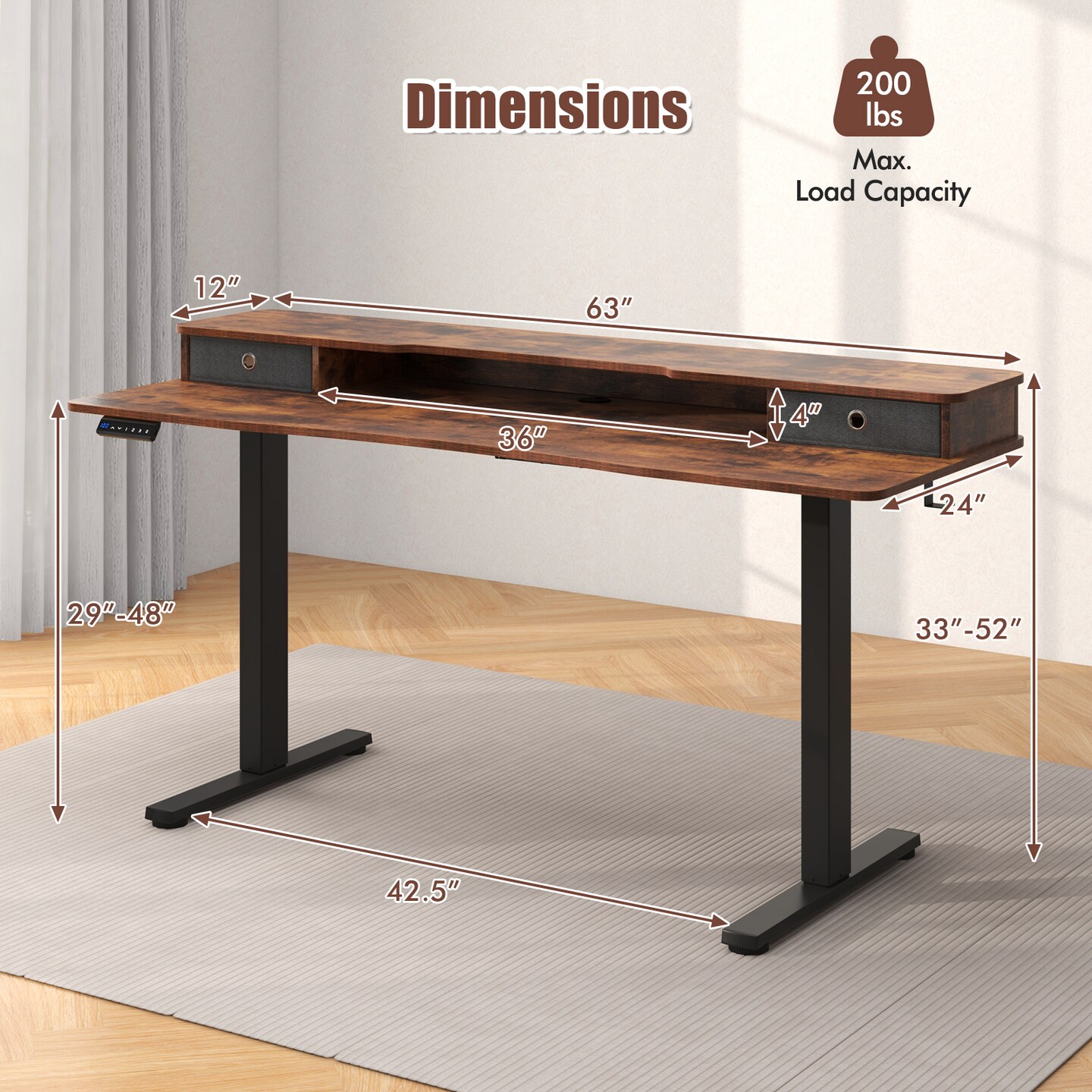 Electric Standing Desk with Adjustable Height, Drawers and Ergonomic Monitor Stand