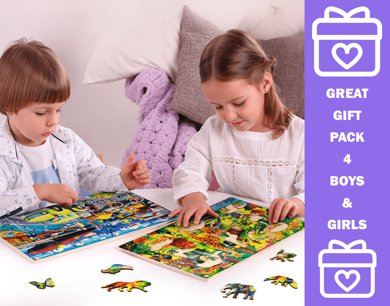 QUOKKA Wooden Kids Puzzles Ages 4-6 &#x2013; 4 x 60 Piece Puzzles for Kids Ages 4-8 &#x2013; Wood Toddler Games for 3-5 Year Olds &#x2013; Cars Ships and Animals Toy for Boys and Girls