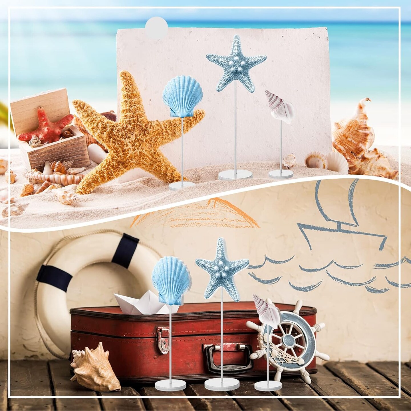 3 Pieces Summer Ocean wooden table sign standing wood Starfish Seashell Conch tabletop home decor Rustic Tabletop Centerpiece Beach Nautical themed Block Decoration for farmhouse Kitchen bedroom