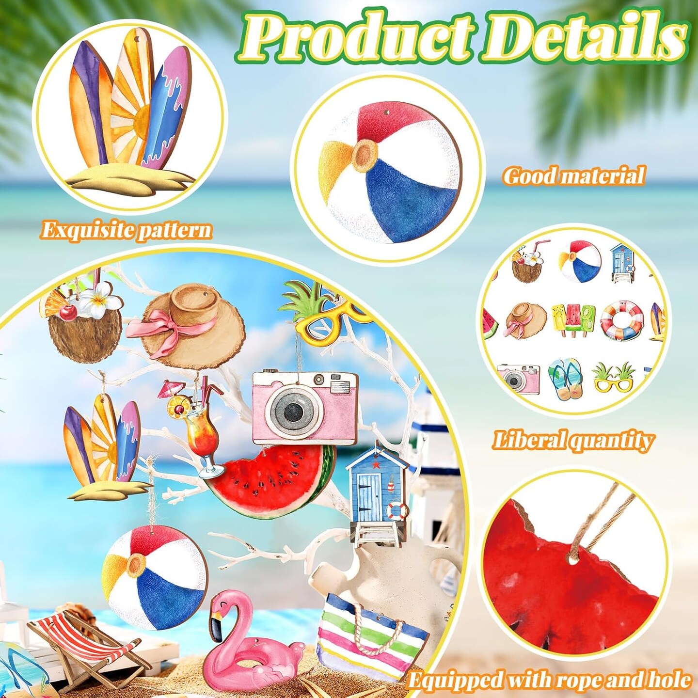 30 Pcs Summer Tree Ornaments Hawaiian Wood Hanging Decoration Beach Wooden Slices Pendant Summer Tree Hanging Ornaments Gift Tags Tropical Party Decor for Luau Party Supplies