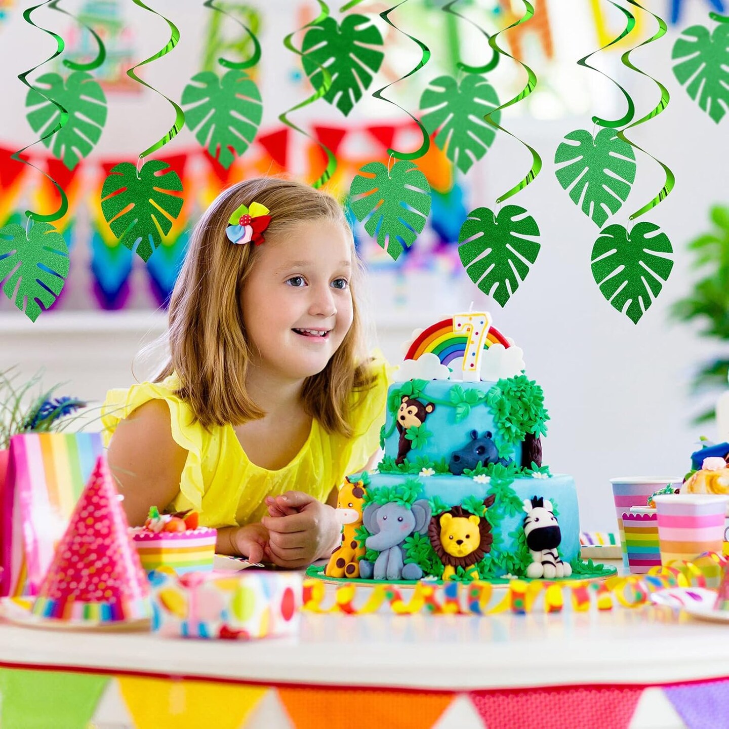 32 Pcs Hawaiian Luau Party Palm Leaves Swirl Decorations Hanging Ceiling Green Decoration Tropical Party for Summer Baby Shower Birthday Supplies (Cute Style)