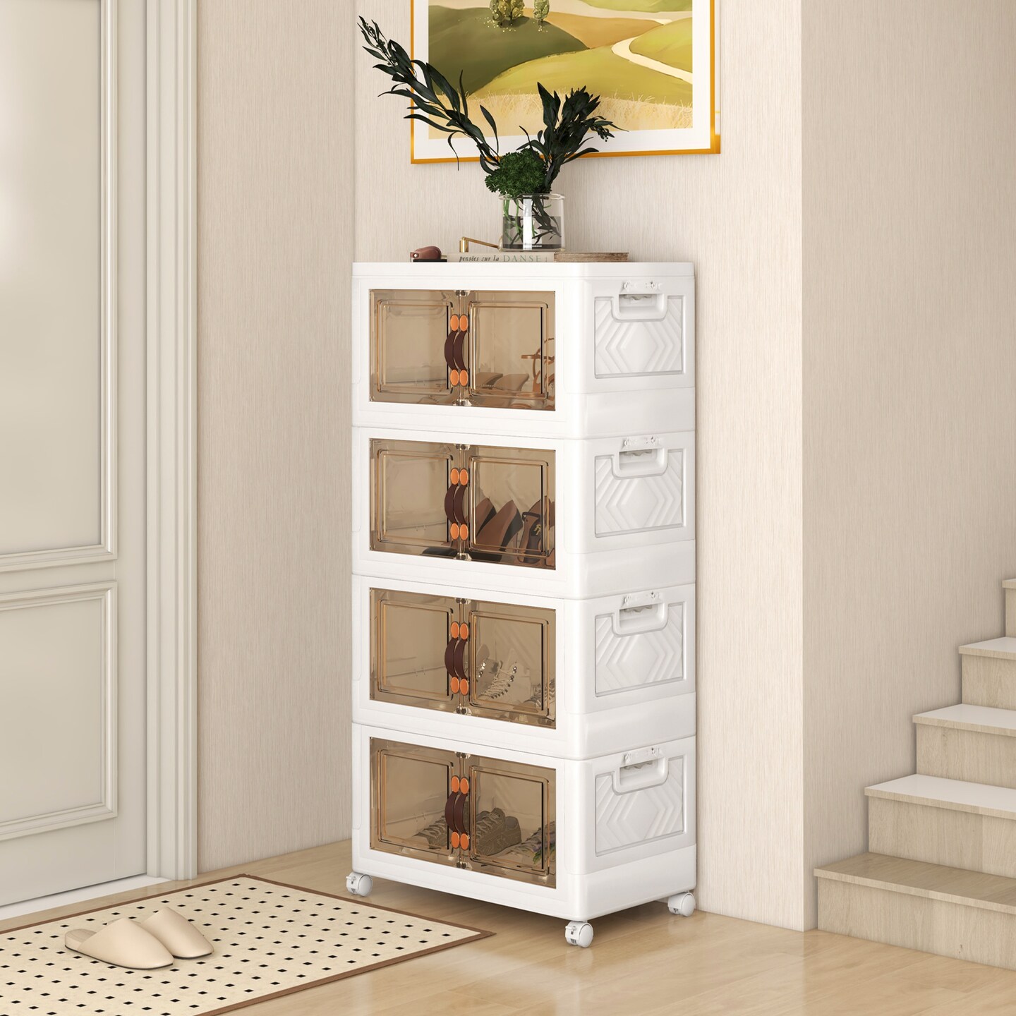 White-Brown 3 Height Adjustable Stackable Storage Bins with Foldable and Magnetic Snap Closure