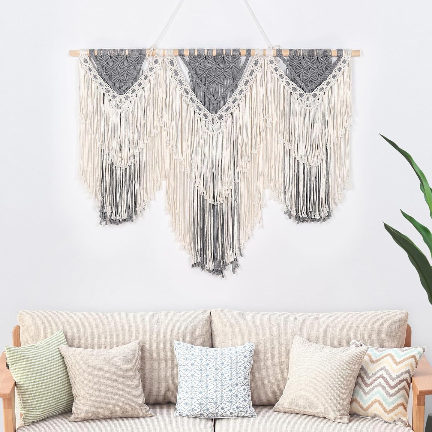 Large Macrame Wall Hanging 43 Inches Natural Cotton Rope Handmade Macrame Wall Decor - Gray and Off White