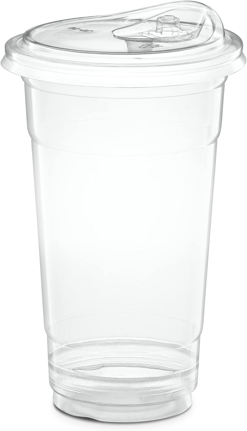 24 oz. Clear Cups with Straw less Sip-Lids, PET Crystal Clear Disposable 24 oz Plastic Coffee Cups with Lids