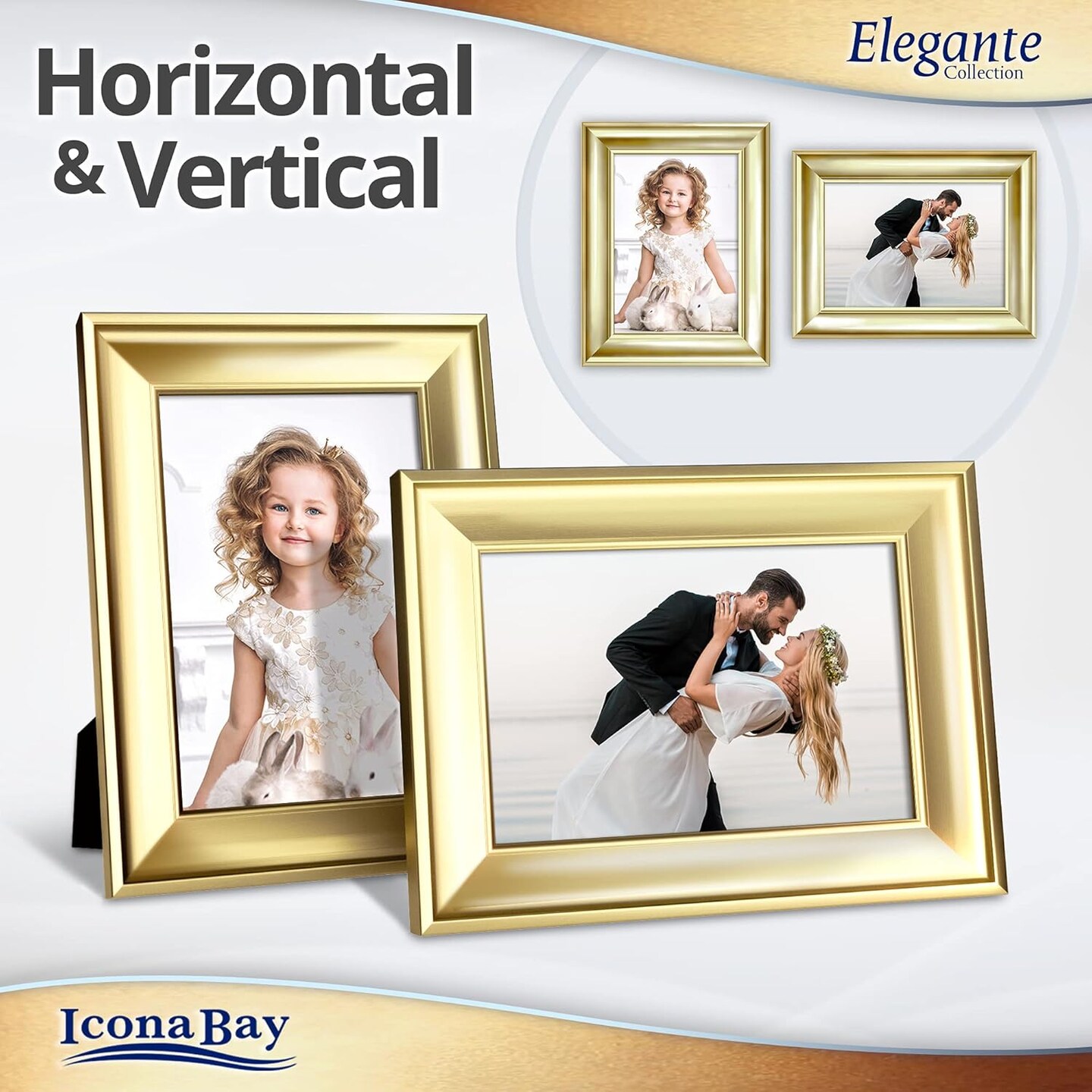 5x7 Gold Picture Frame, Contemporary Photo Frame, Wall Mount or Table Top, Elegante Collection