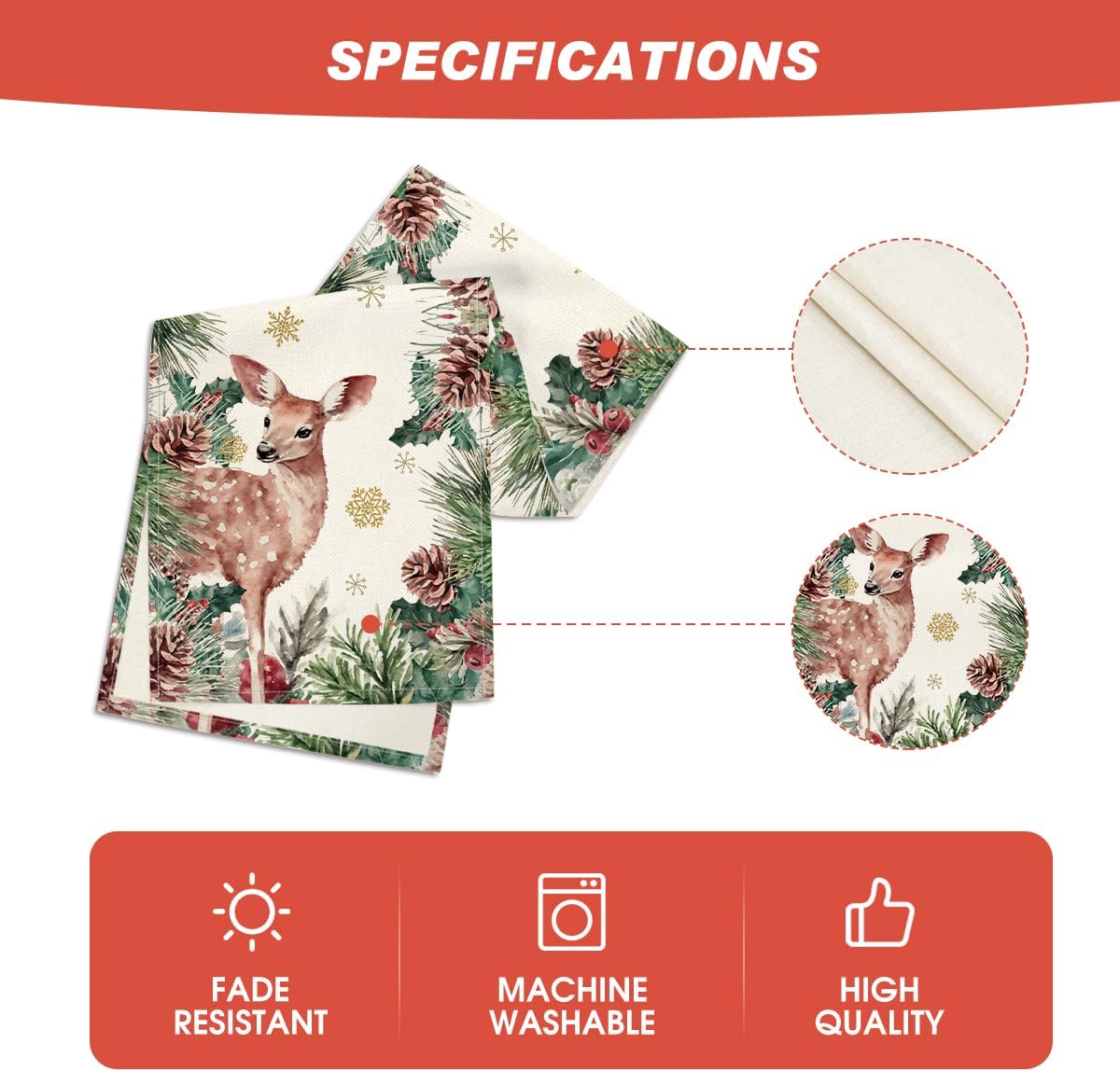 Reindeer Pine Cone Leaves Christmas Table Runner, Seasonal Winter Floral Kitchen Dining Table Decor for Home Party 13x72 Inch