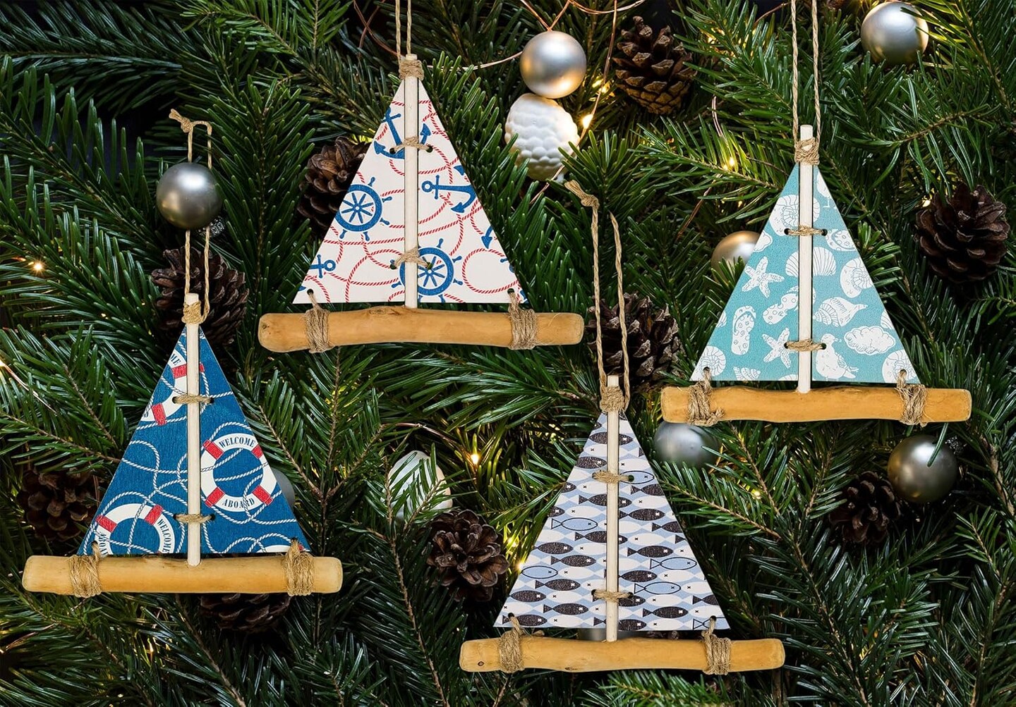 Driftwood Sailboat Ornaments for Summer Sail Boat Decor Nautical Beach Ornaments Set of 4 Pack