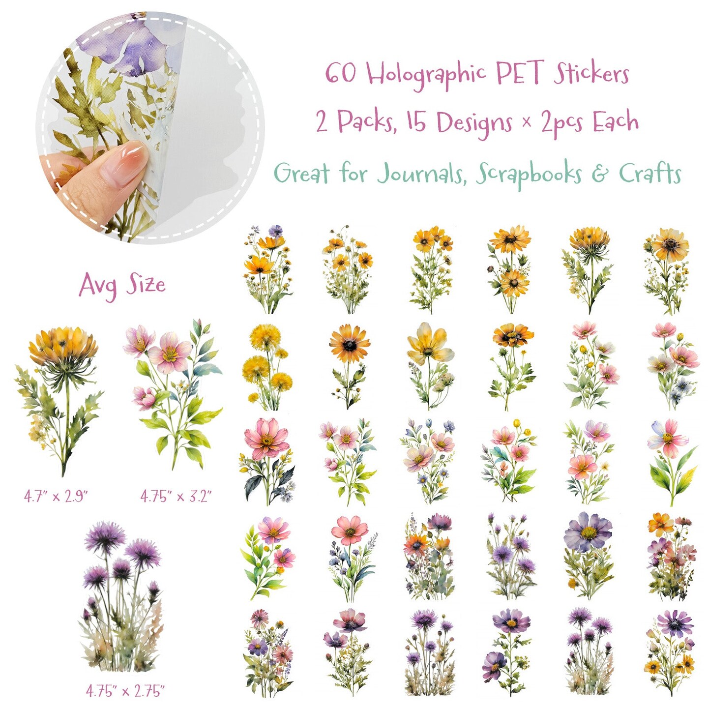 Wrapables PET Floral Daisy Stickers for Scrapbooking, Stationery, Journaling, Diary, Card Making, Water Bottles, Phones, Laptops (Set of 3)